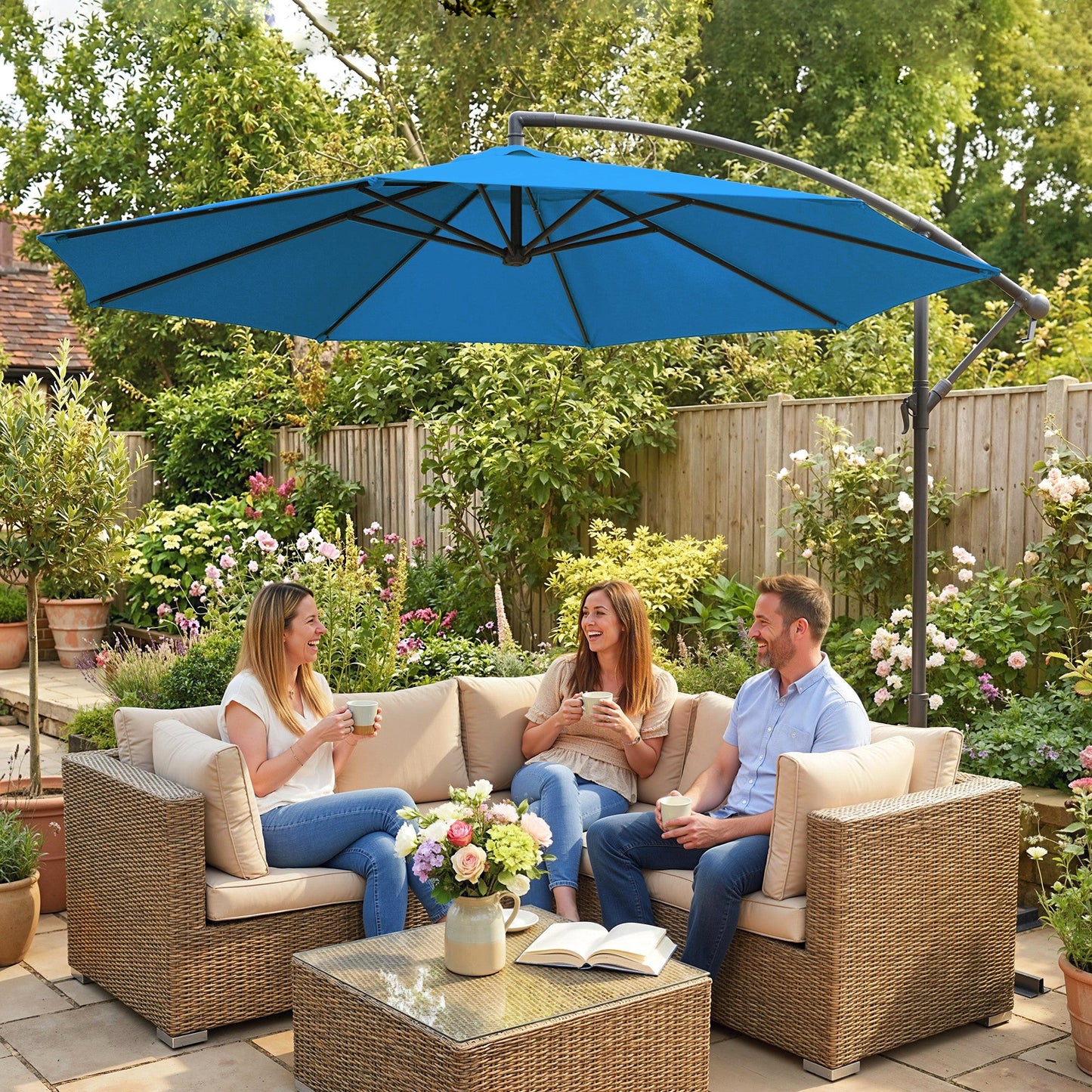 3 m Cantilever Parasol with Cross Base, Offset Outdoor Umbrella, Crank Handle, Hanging Sun Shade, Blue