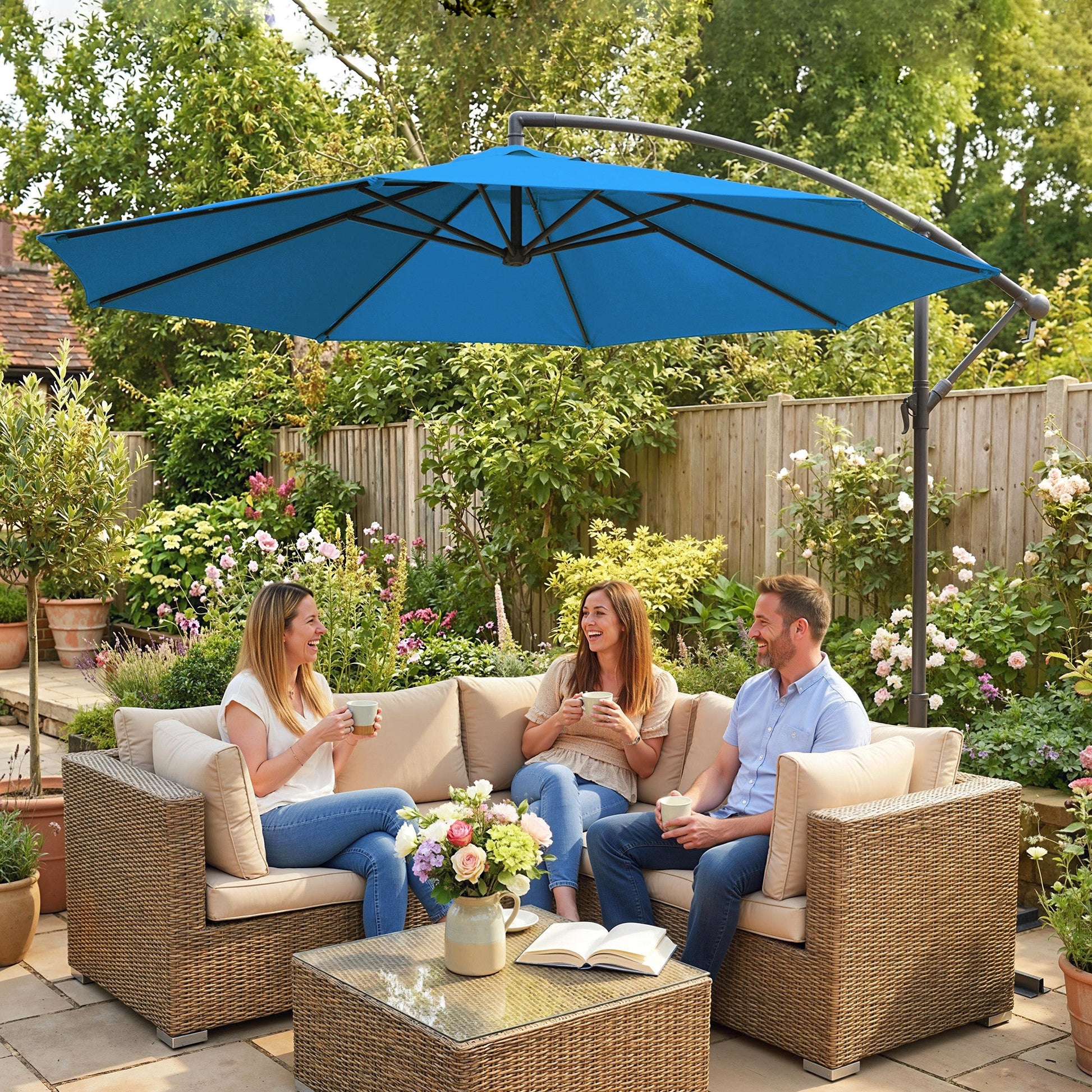 3 m Cantilever Parasol with Cross Base, Offset Outdoor Umbrella, Crank Handle, Hanging Sun Shade, Blue