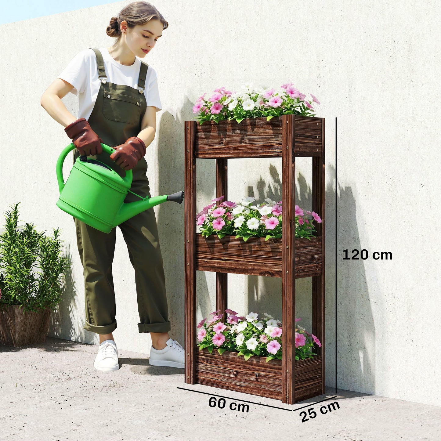 3-Tier Wooden Raised Planter, Raised Garden Bed on Legs with Drainage Holes and Bed Liner, Outdoor Elevated Garden Planter for Vegetables, Herbs, Flowers, 60 x 25 x 120 cm