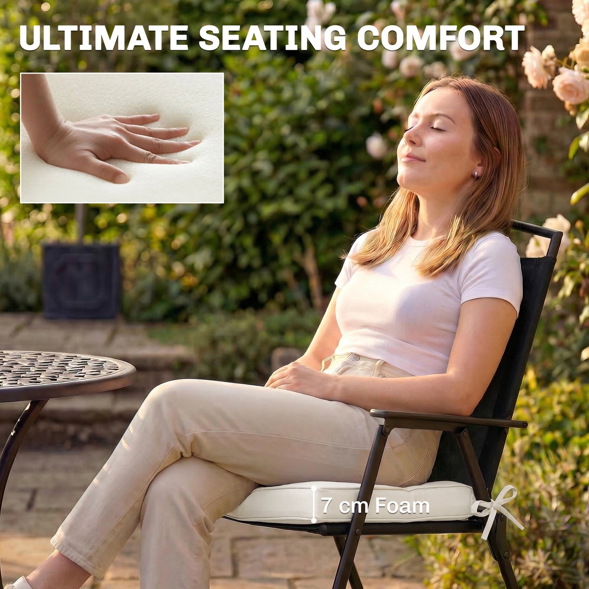 Outdoor Chair Seat Cushions Set of 2, Garden Chair Cushions with 7cm Thick Foam & Ties, Water Repellent and UV Resistant Covers for Patio Furniture 40x40cm, Cream White