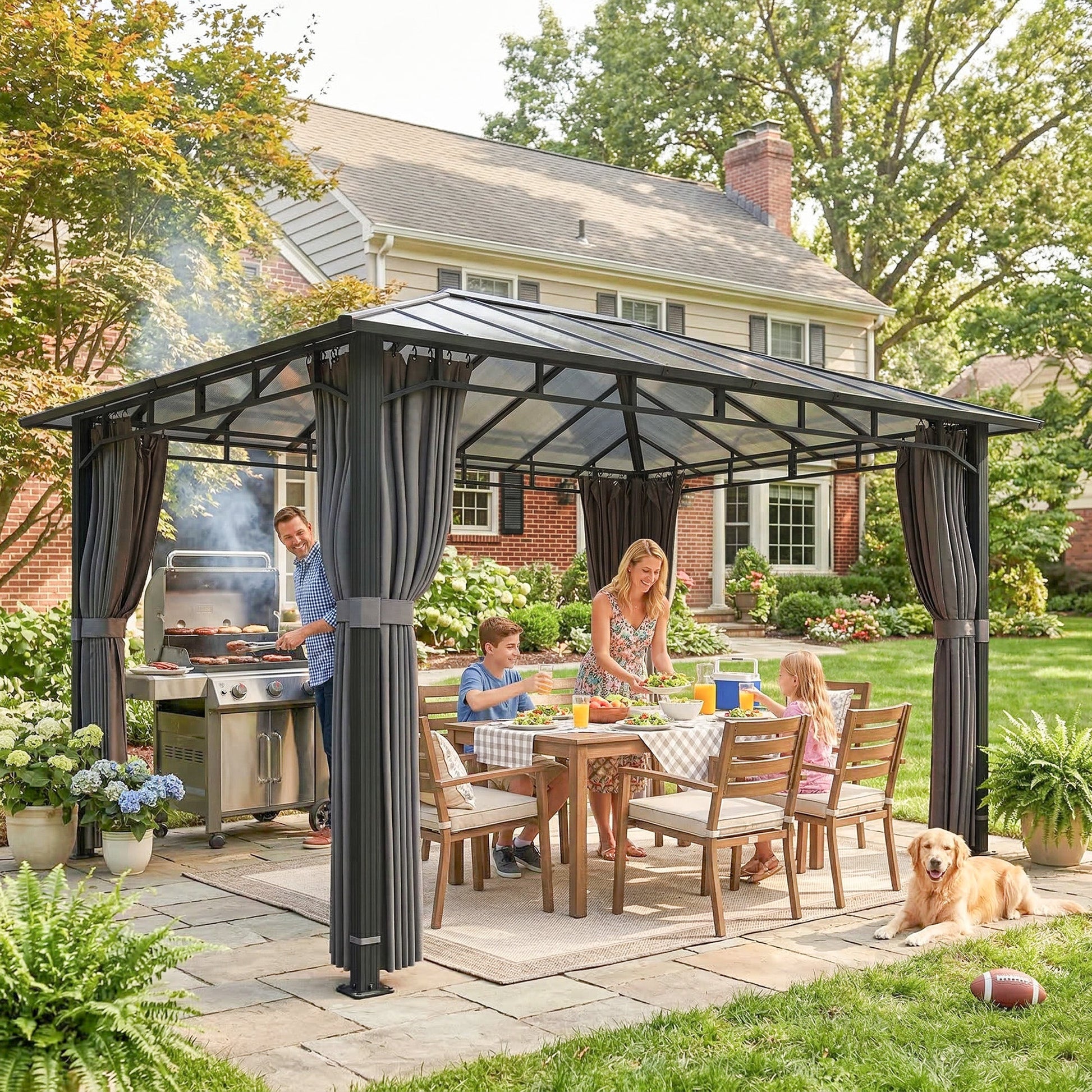 3 x 4 m Outdoor Hardtop Gazebo Canopy with Polycarbonate Roof, Waterproof Aluminium Permanent Pavilion Garden Gazebo Patio Shelter with Curtains, Dark Grey