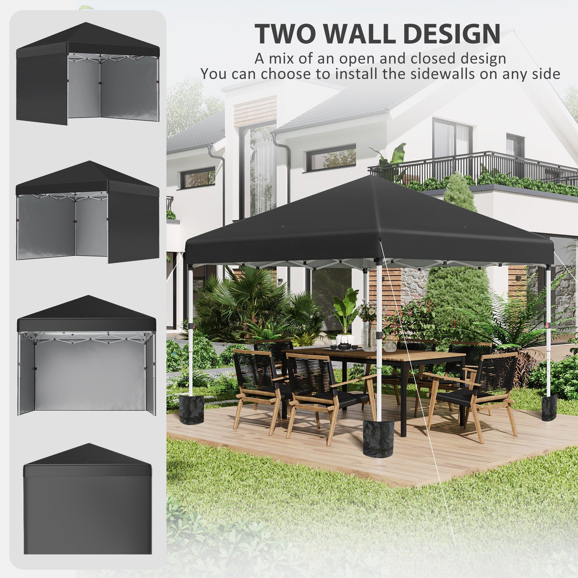 3 x 3 (M) Pop Up Gazebo with 3 Sidewalls, Leg Weight Bags and Wheeled Bag, Height Adjustable Party Tent Event Shelter for Garden, Patio, Black
