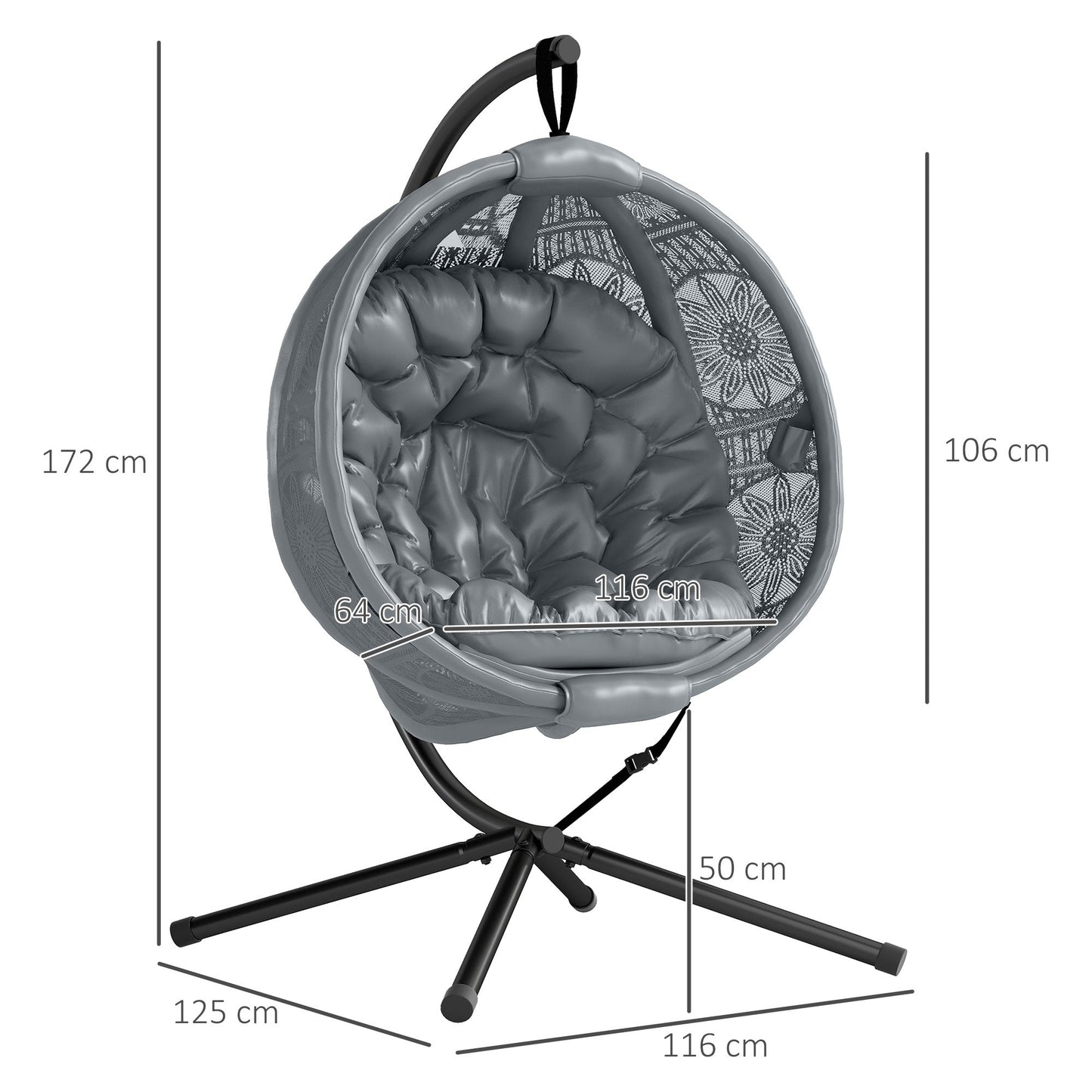Outdoor Hanging Chair, Swing Chair with Metal Stand, Thick Padded Cushion, Foldable Basket and Side Pocket, for Indoor and Outdoor, Charcoal Grey