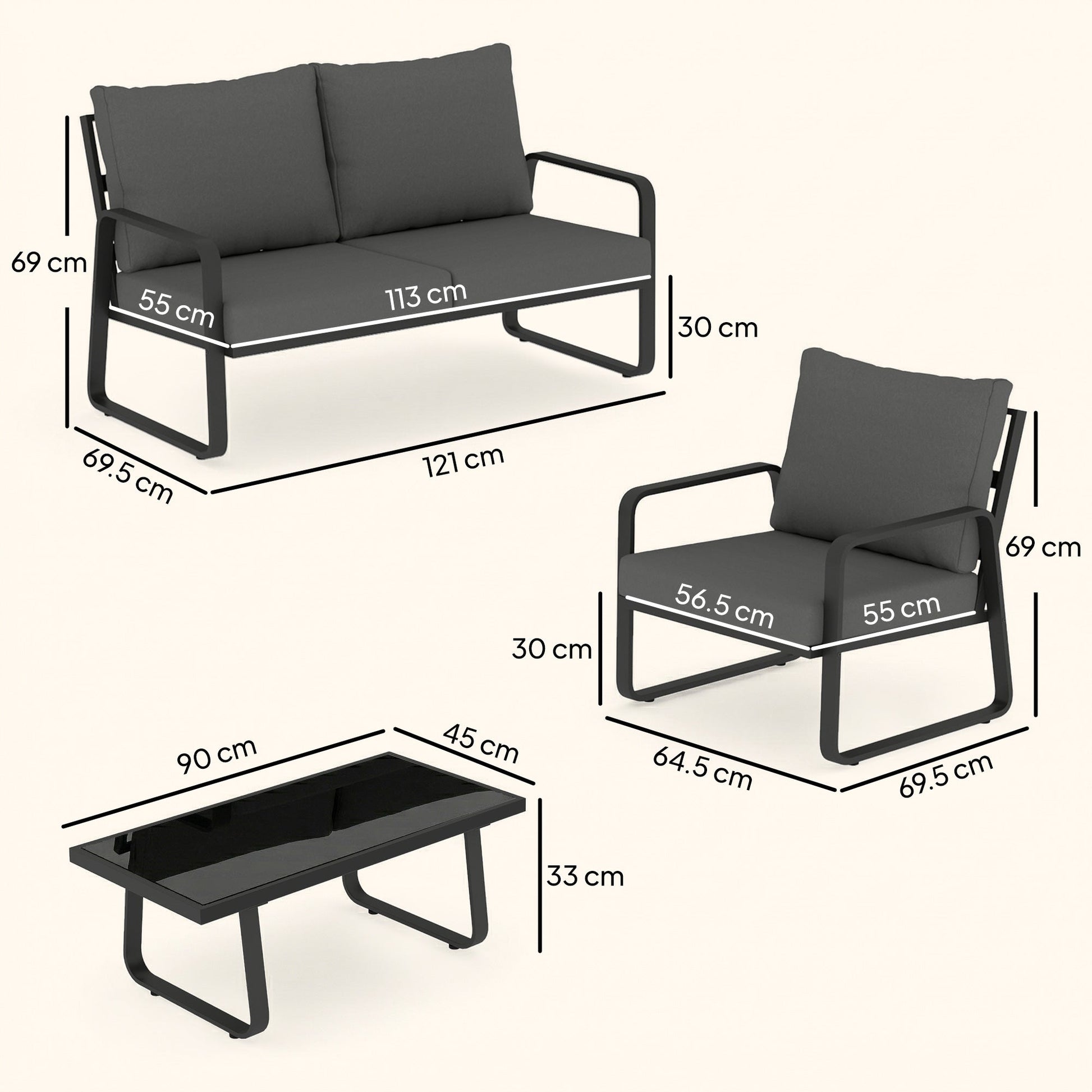 4 Piece Garden Furniture Set, Outdoor Sofa Set with Loveseat, 2 Armchairs, Coffee Table and Cushions, Patio Furniture Conversation Set for Poolside Porch, Black