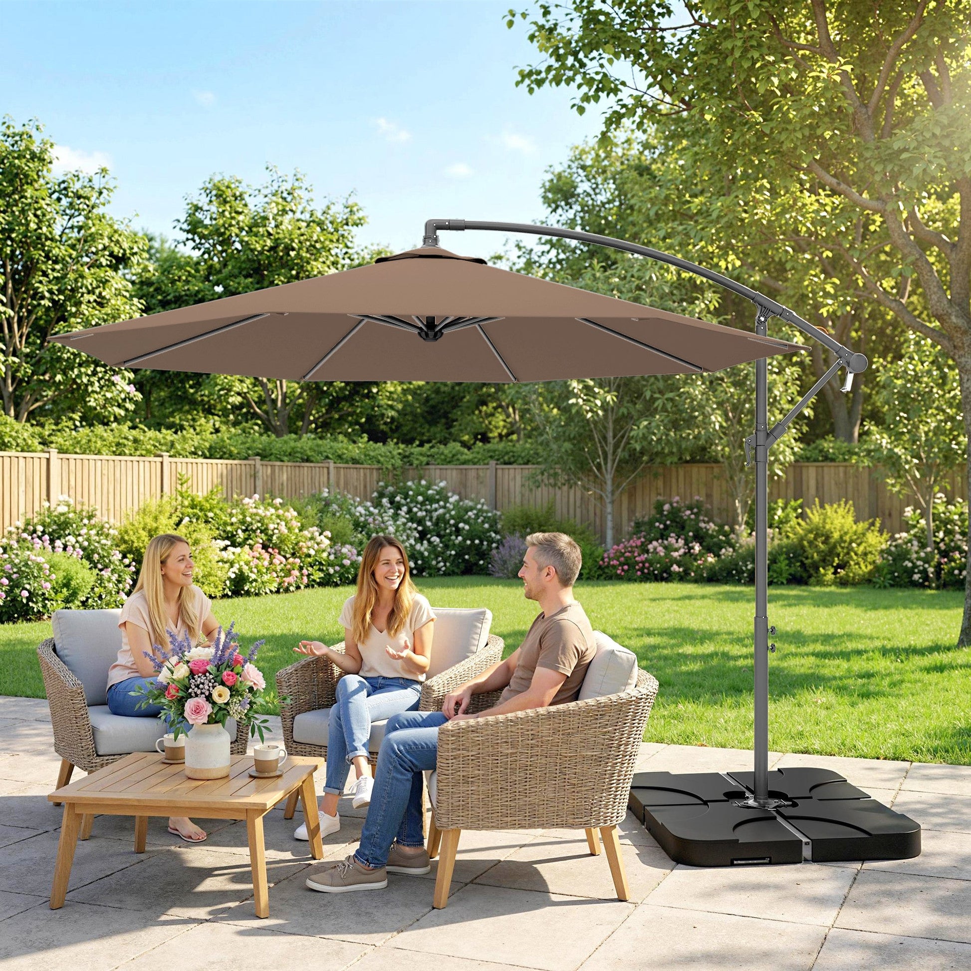 3 m Cantilever Parasol with Umbrella Weights, Cross Base, Offset Outdoor Umbrella with Protective Cover, Crank Handle, Hanging Sun Shade, Coffee