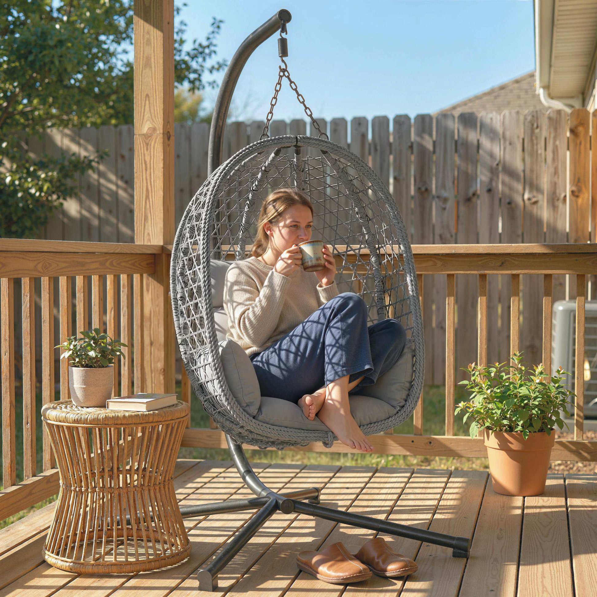 Hanging Egg Chair, Indoor Outdoor Rattan Hammock Swing Chair with Stand, Safety Strap, Foldable Basket, Thick Cushion, Headrest, Metal Frame for Garden Balcony Patio Lounge Porch, Dark Grey