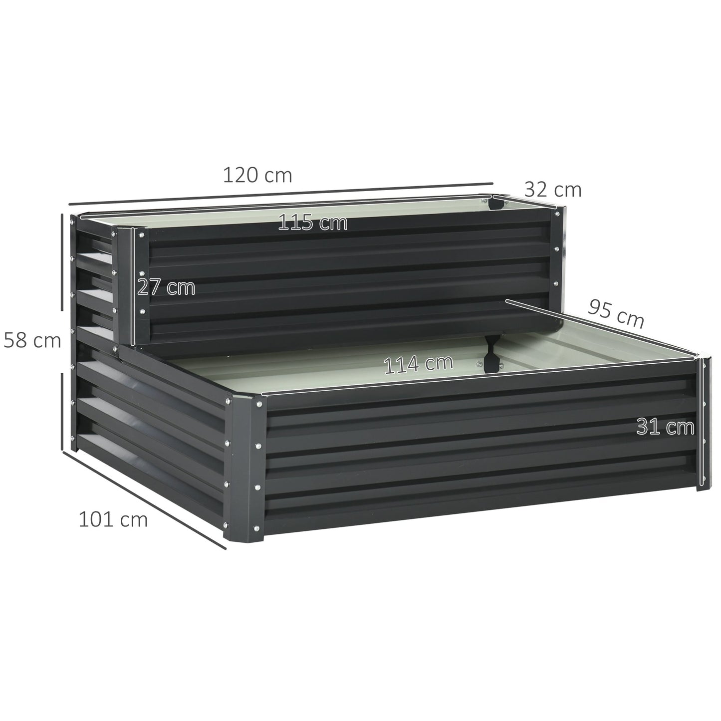 2 Tier Galvanised Raised Garden Bed, Outdoor Steel Planter Box with Open Bottom for Vegetables, Flowers and Herbs, 120 x 101 x 58 cm, Dark Grey