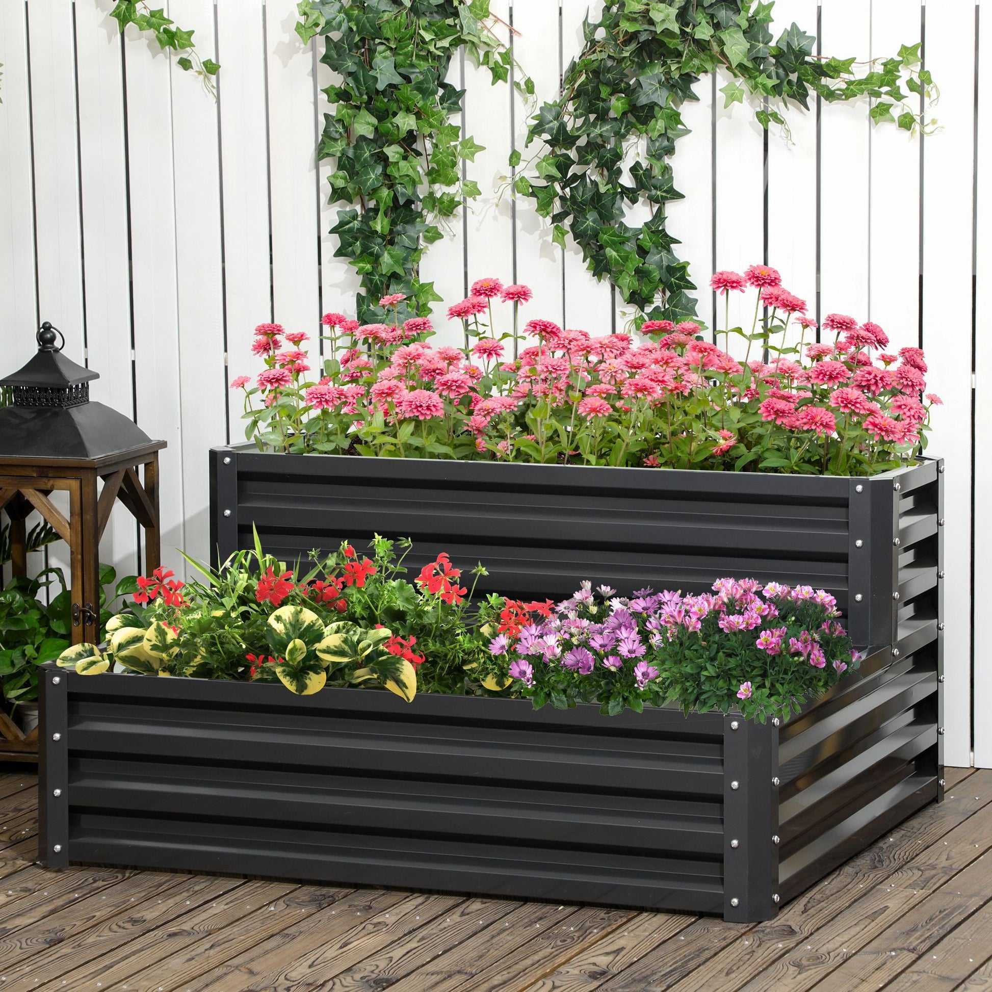 2 Tier Galvanised Raised Garden Bed, Outdoor Steel Planter Box with Open Bottom for Vegetables, Flowers and Herbs, 120 x 101 x 58 cm, Dark Grey