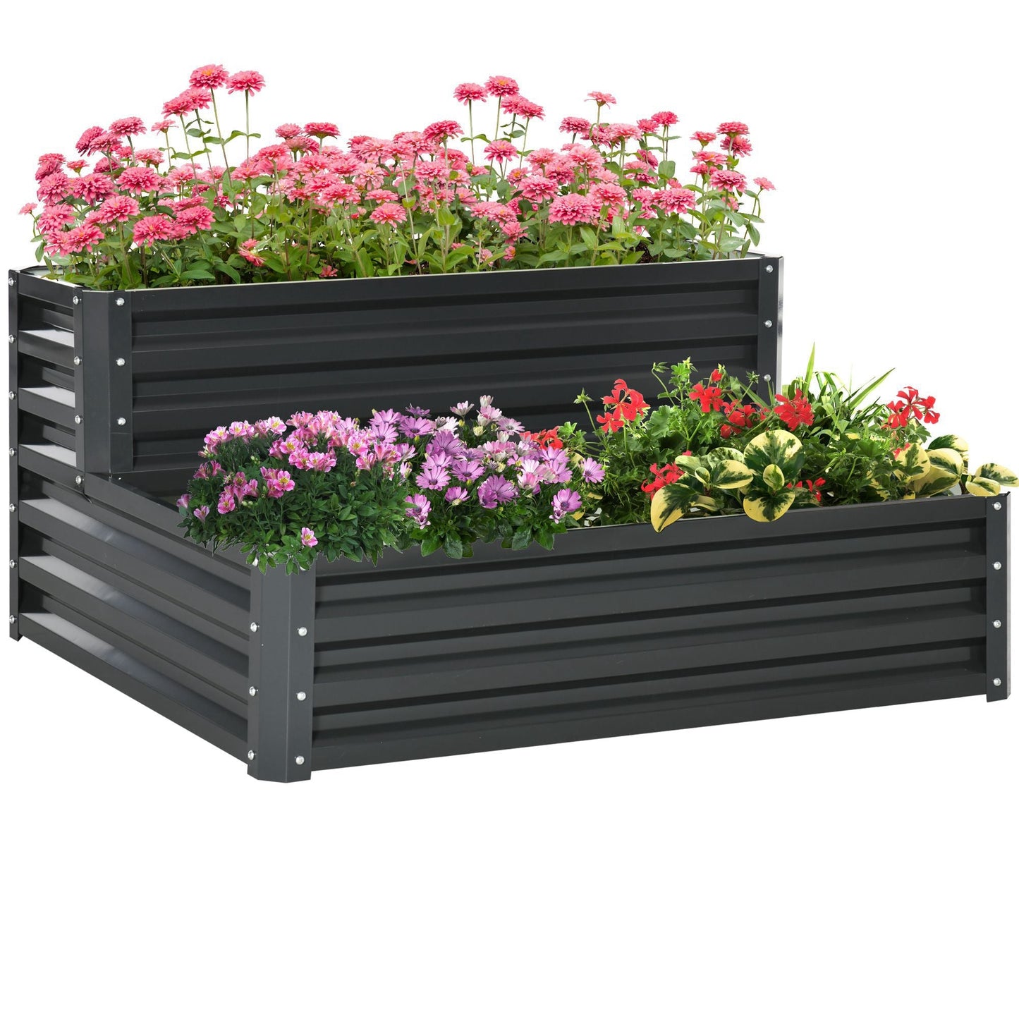 2 Tier Galvanised Raised Garden Bed, Outdoor Steel Planter Box with Open Bottom for Vegetables, Flowers and Herbs, 120 x 101 x 58 cm, Dark Grey