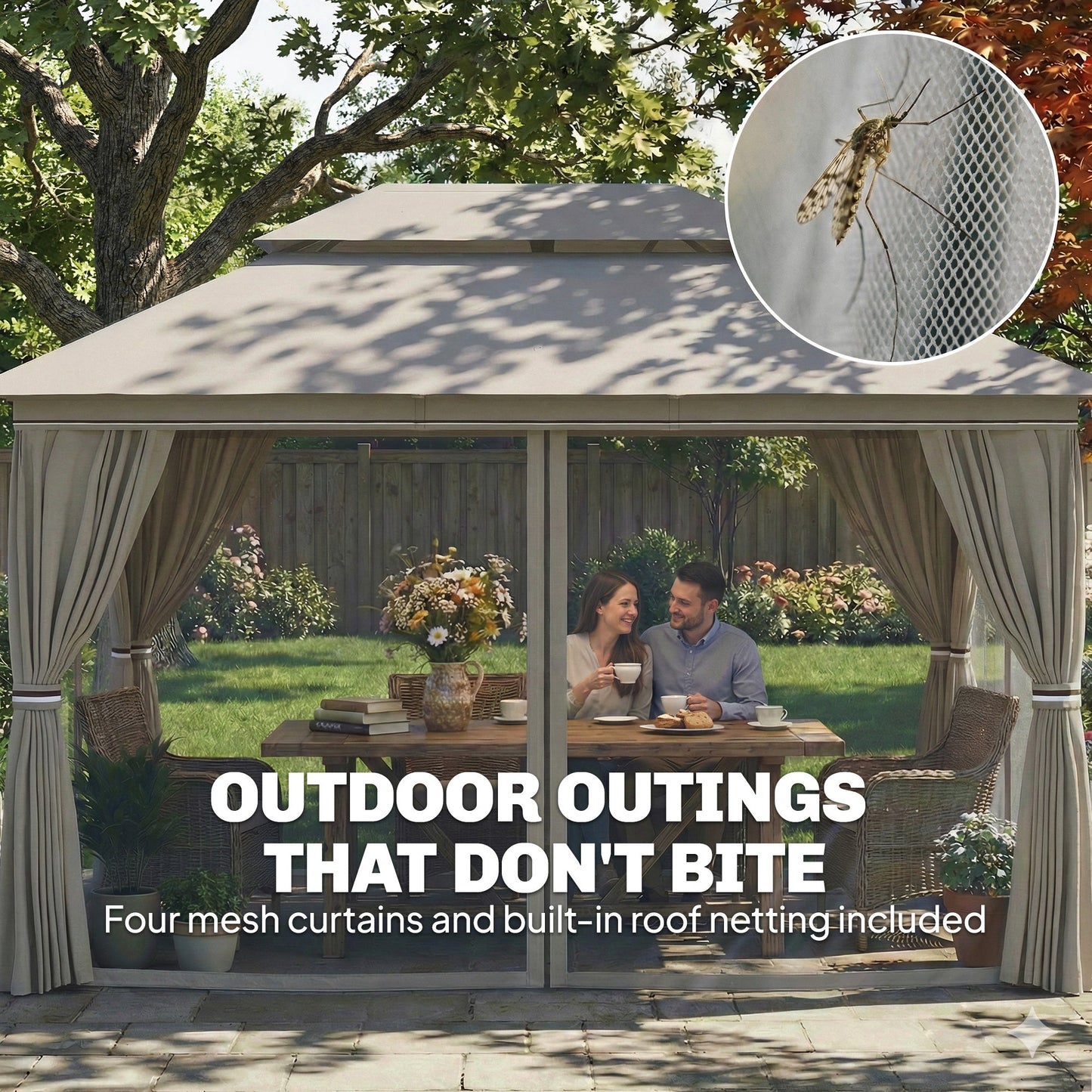 3 x 4 m Outdoor Garden Gazebo with Netting and Curtains, UPF50+ Double Roof Patio Gazebo Permanent Pavilion Canopy Shelter with Metal Frame, Drainage Holes, Beige