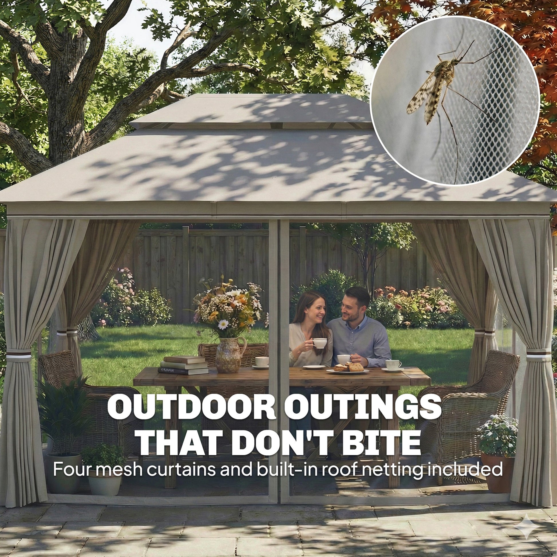 3 x 4 m Outdoor Garden Gazebo with Netting and Curtains, UPF50+ Double Roof Patio Gazebo Permanent Pavilion Canopy Shelter with Metal Frame, Drainage Holes, Beige