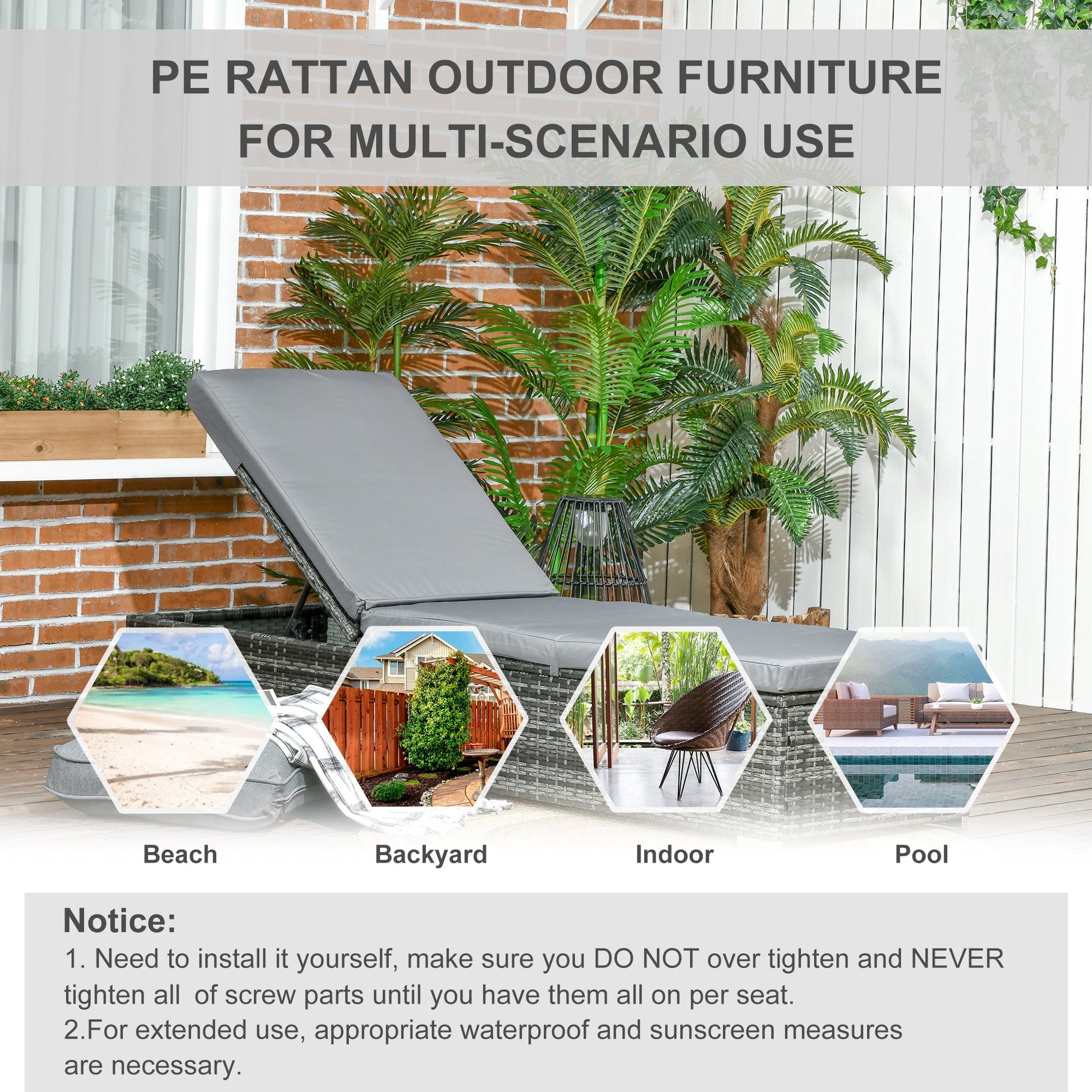PE Rattan Sun Lounger, Five-level Adjustable Recliner Bed Chair with Soft Padded Cushion for Patio, Garden, Mixed Grey