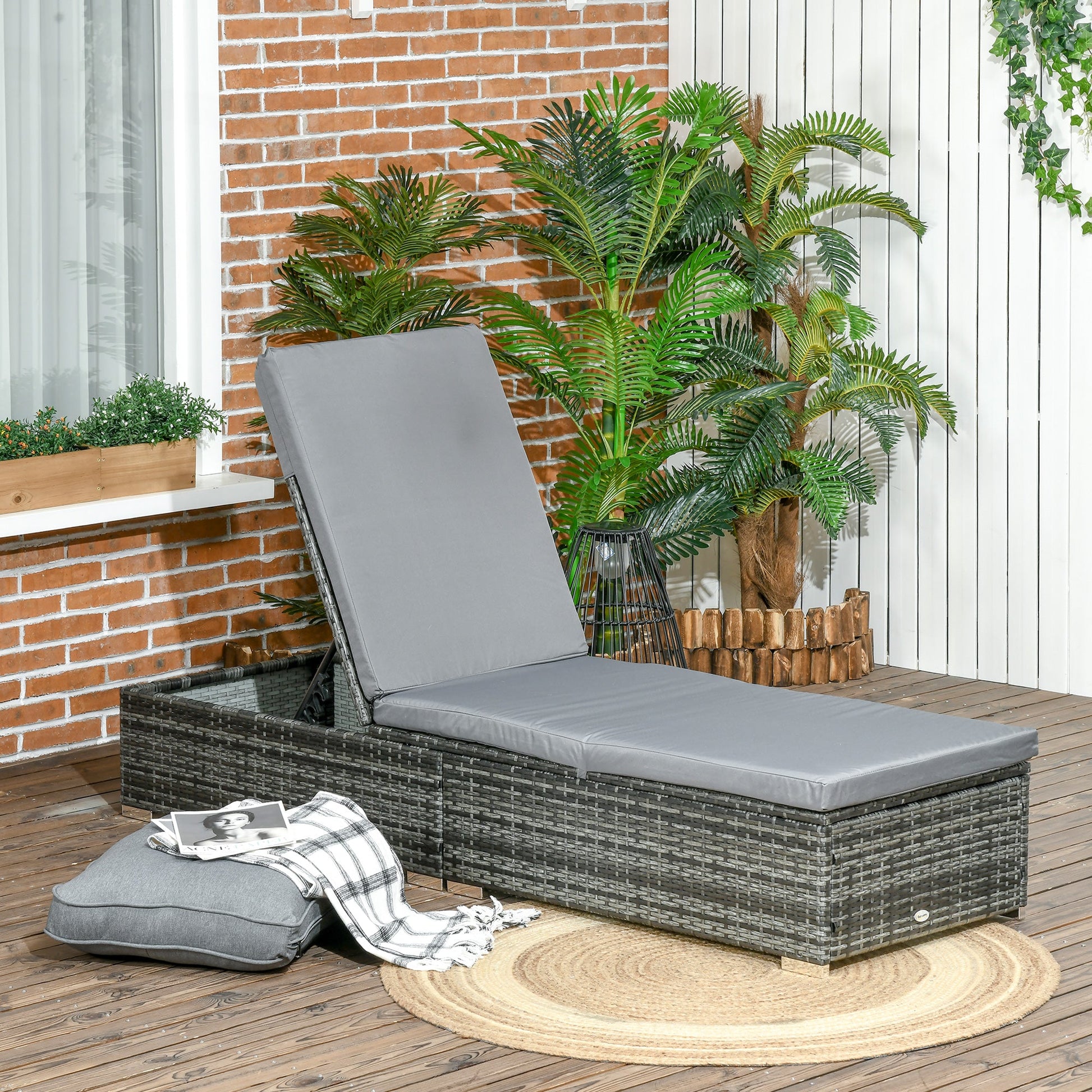 PE Rattan Sun Lounger, Five-level Adjustable Recliner Bed Chair with Soft Padded Cushion for Patio, Garden, Mixed Grey
