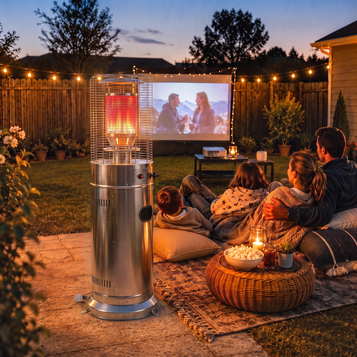 Gas Patio Heater, 13 kW Stainless Steel Portable Propane Outdoor Heater with Stepless Heat Control, Pulse Ignition, Protective Mesh, Tip-over Protection, 2 Wheels for Garden, Silver