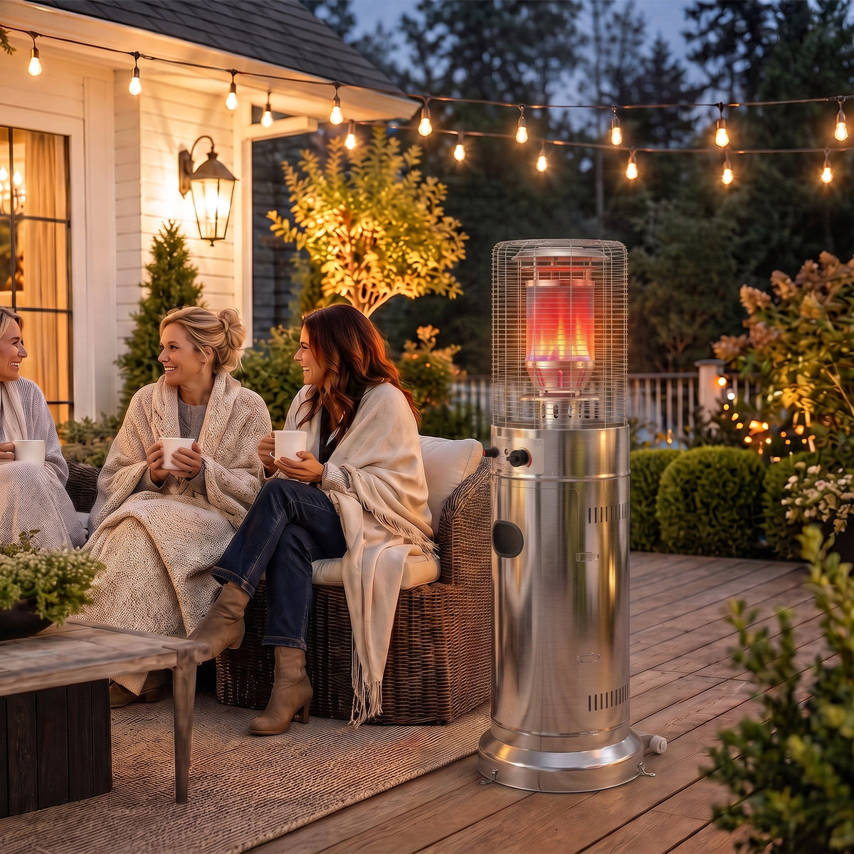 Gas Patio Heater, 13 kW Stainless Steel Portable Propane Outdoor Heater with Stepless Heat Control, Pulse Ignition, Protective Mesh, Tip-over Protection, 2 Wheels for Garden, Silver