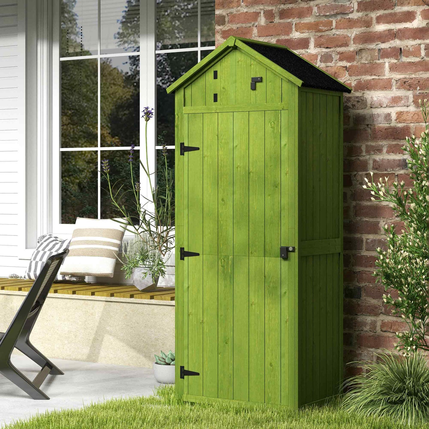 Wooden Garden Shed, Utility Outdoor Small Shed with Lockable Double Doors, Shelves and Roof Hatch, Dark Green