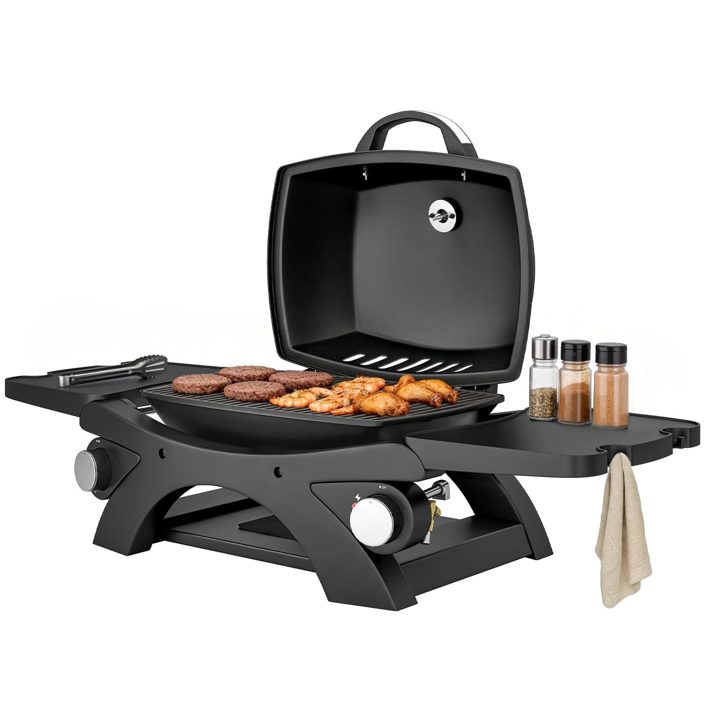 2 Burner Gas Grill with 2 Detachable Side Tables, 3.8 KW Steel Barbecue Grill with Cast Iron Grates, Tabletop BBQ with Lid, Thermometer, Grease Tray, 4 Hooks, Black