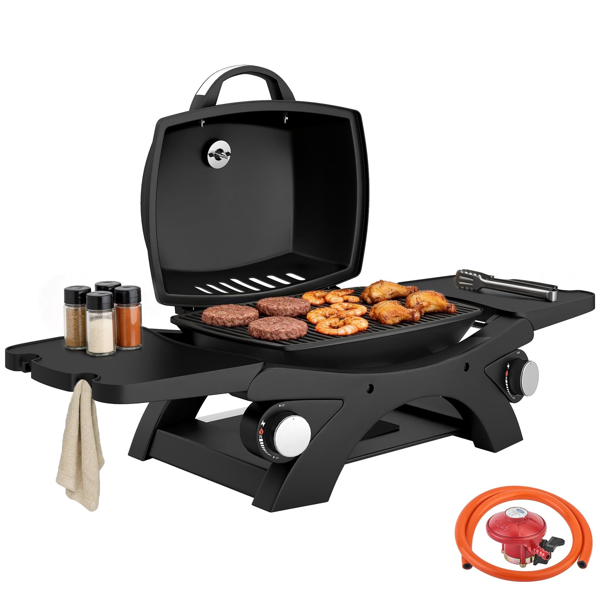 2 Burner Gas Grill with 2 Detachable Side Tables, 3.8 KW Steel Barbecue Grill with Cast Iron Grates, Tabletop BBQ with Lid, Thermometer, Grease Tray, 4 Hooks, Black