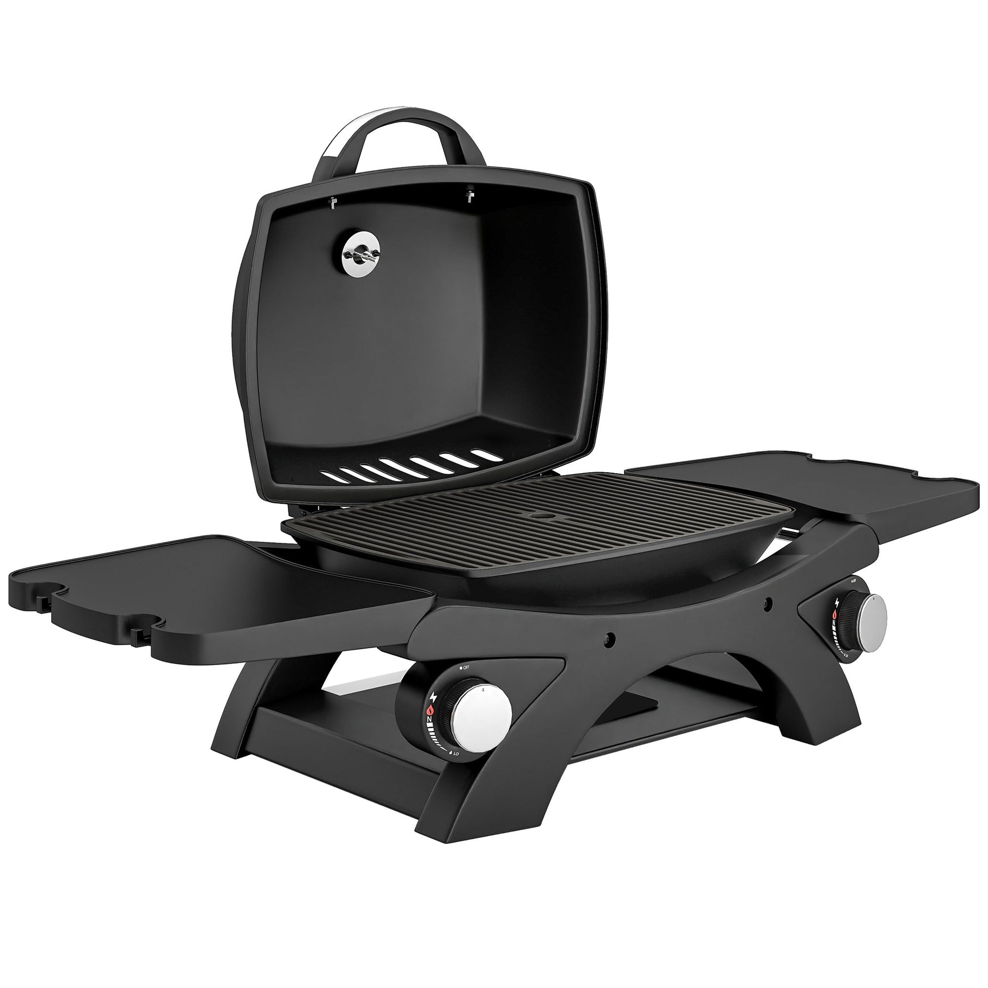 2 Burner Gas Grill with 2 Detachable Side Tables, 3.8 KW Steel Barbecue Grill with Cast Iron Grates, Tabletop BBQ with Lid, Thermometer, Grease Tray, 4 Hooks, Black