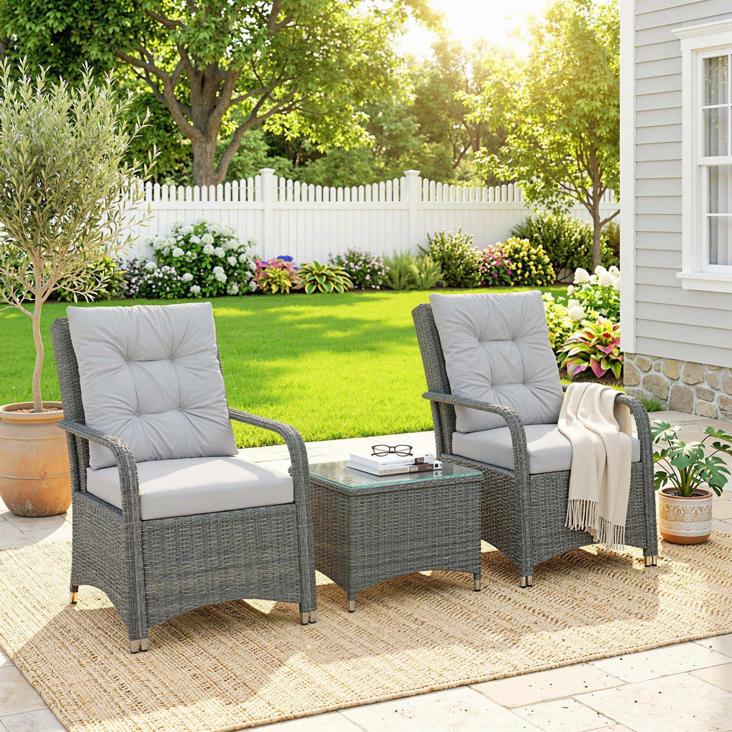 3 Pieces Rattan Bistro Set, Wicker Garden Furniture Set with Metal Frame, Cover, Glass Top Coffee Table, Chairs and Cushions for Outdoor, Patio, Balcony, Light Grey