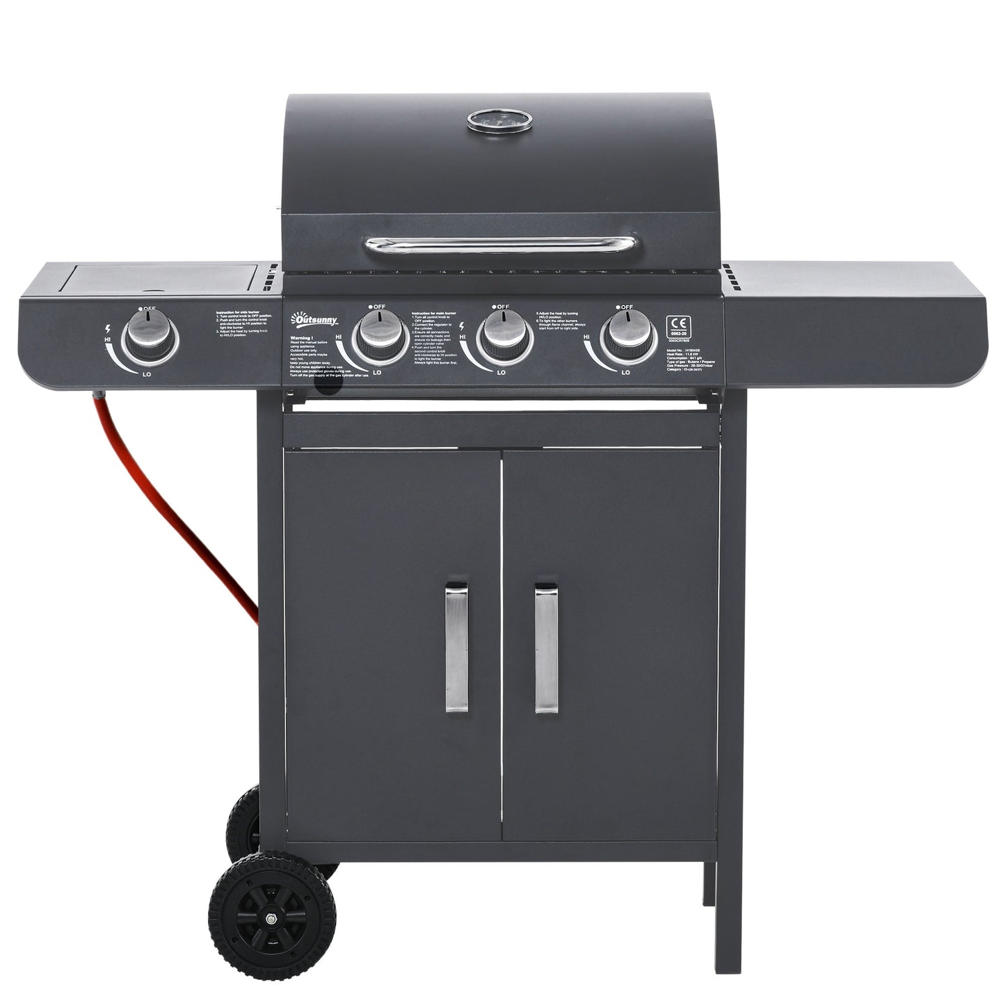 3+1 Burner Gas BBQ Gril with Side Burner, Warming Rack & Thermometer, 110 x 50 x 100cm, Grey