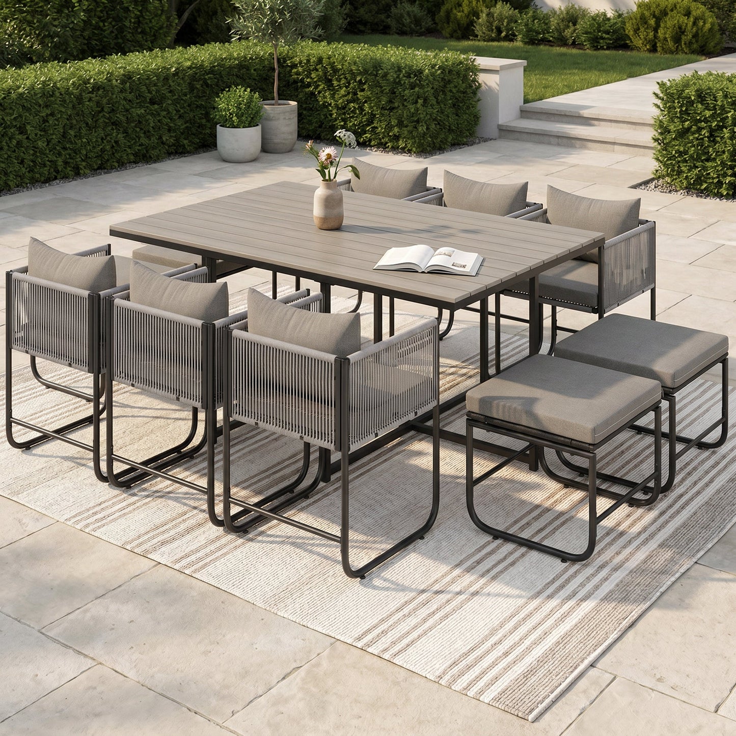 ARVOYA 10 Seater Rattan Garden Furniture Set with 6 Armchairs, 4 Stools & Wood Grain Top Table, Grey