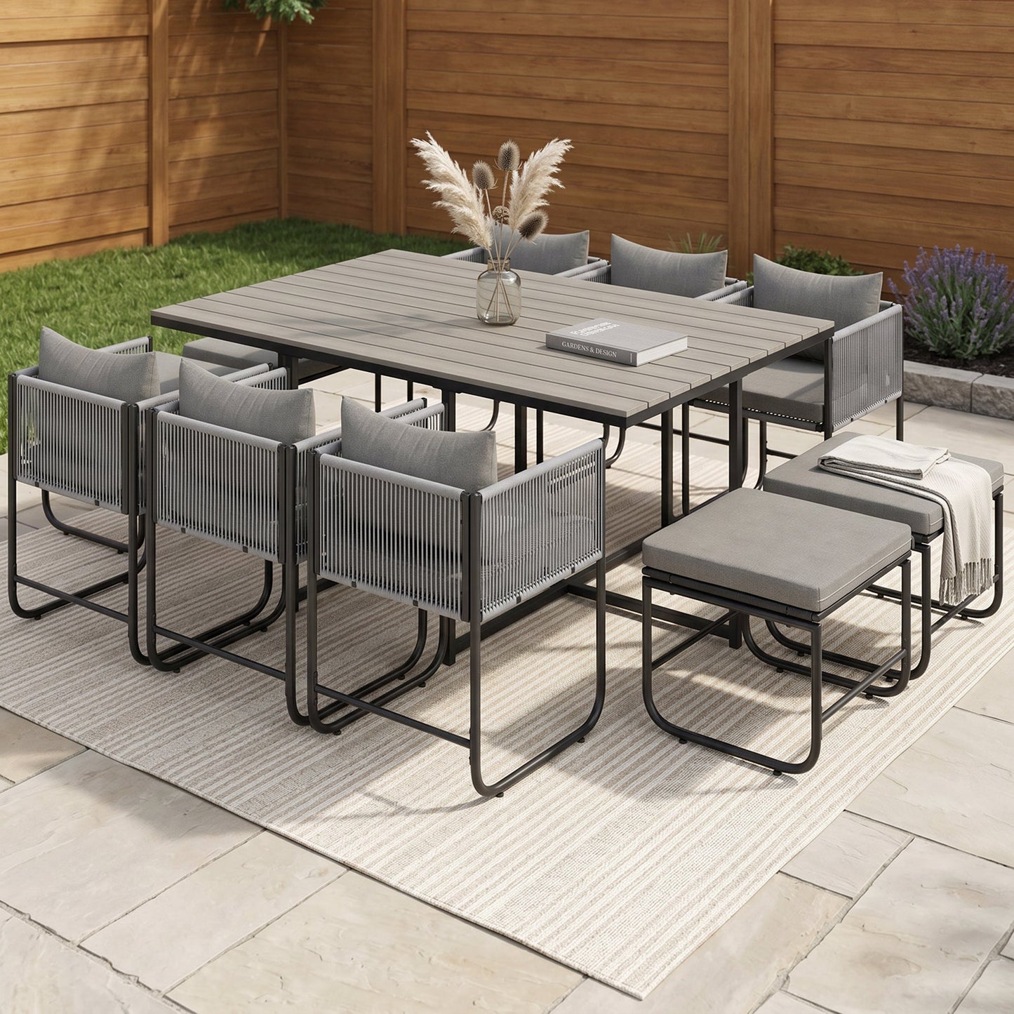 ARVOYA 10 Seater Rattan Garden Furniture Set with 6 Armchairs, 4 Stools & Wood Grain Top Table, Grey