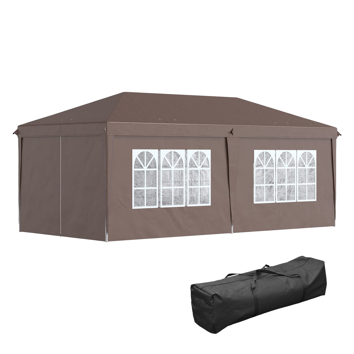 3 x 6 m Pop Up Gazebo with Sides and Windows, Height Adjustable Wedding Camping Party Tent Canopy Marquee with Storage Bag for Garden, Event, Brown