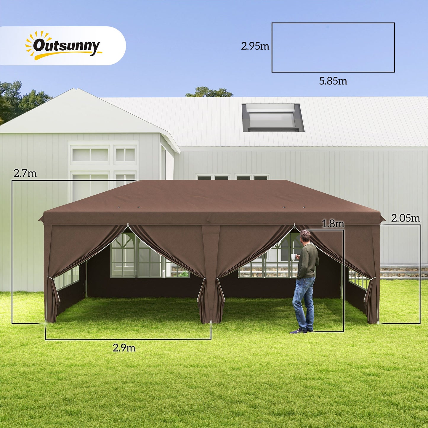 3 x 6 m Pop Up Gazebo with Sides and Windows, Height Adjustable Wedding Camping Party Tent Canopy Marquee with Storage Bag for Garden, Event, Brown