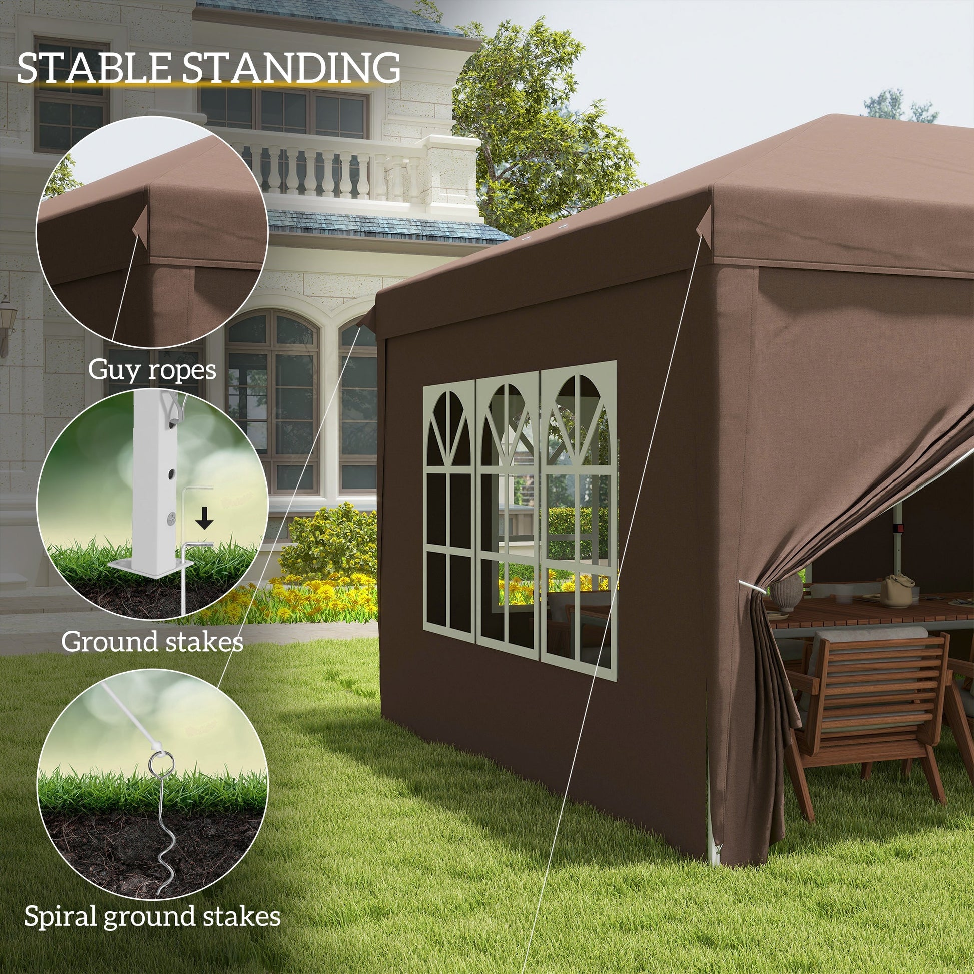 3 x 6 m Pop Up Gazebo with Sides and Windows, Height Adjustable Wedding Camping Party Tent Canopy Marquee with Storage Bag for Garden, Event, Brown