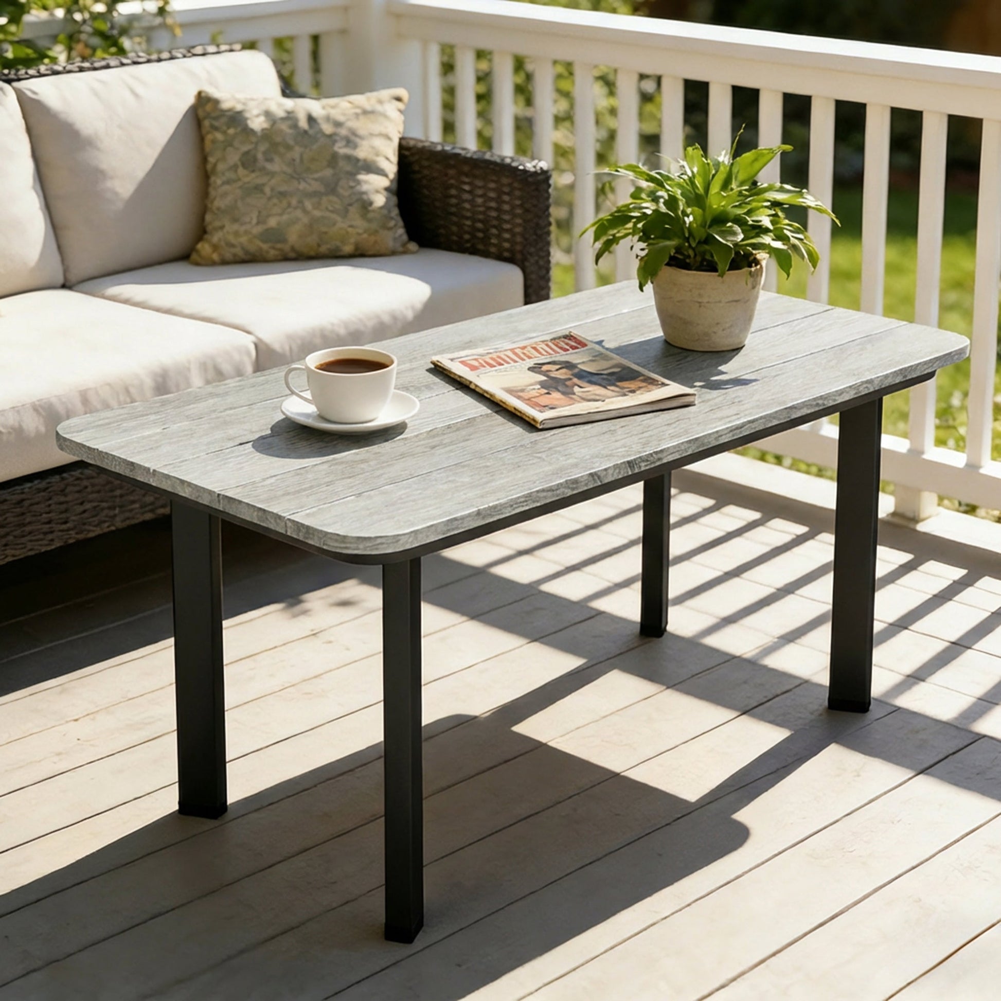 Outdoor Coffee Table, Rectangle Garden Table with Slatted Wood Plastic Composite Top, Metal Frame Garden Tables for Patio, Balcony, Terrace, 90 x 49 x 40 cm, Grey