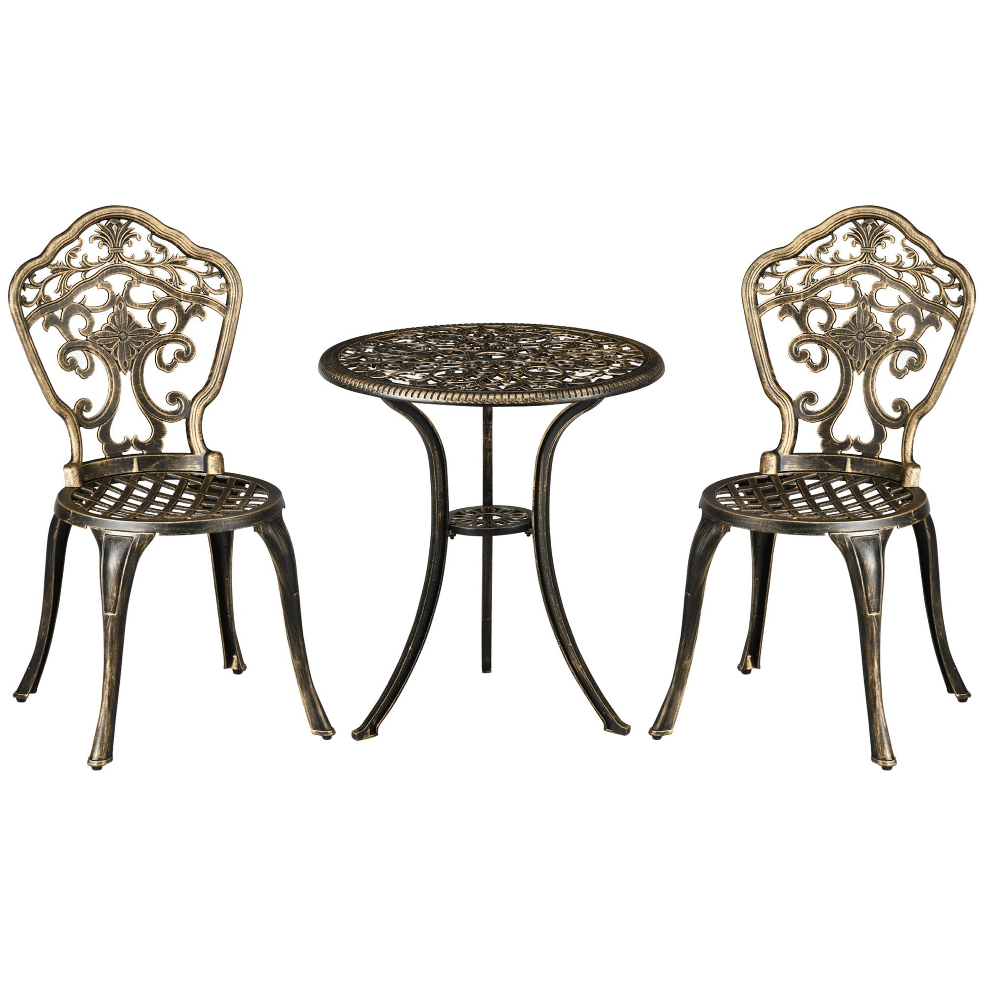 3 Piece Cast Aluminium Garden Bistro Set for 2 with Parasol Hole, Outdoor Coffee Table Set, Two Armless Chairs and Round Coffee Table for Balcony, Patio, Bronze