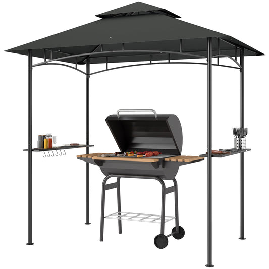 2.4 x 1.5 m (8' x 5') Grill Gazebo Canopy with LED Lights, Double Tiered Outdoor BBQ Gazebo Shelter with 2 Side Shelves, Storage Basket and Hooks for Garden, Barbecue, Picnic, Dark Grey
