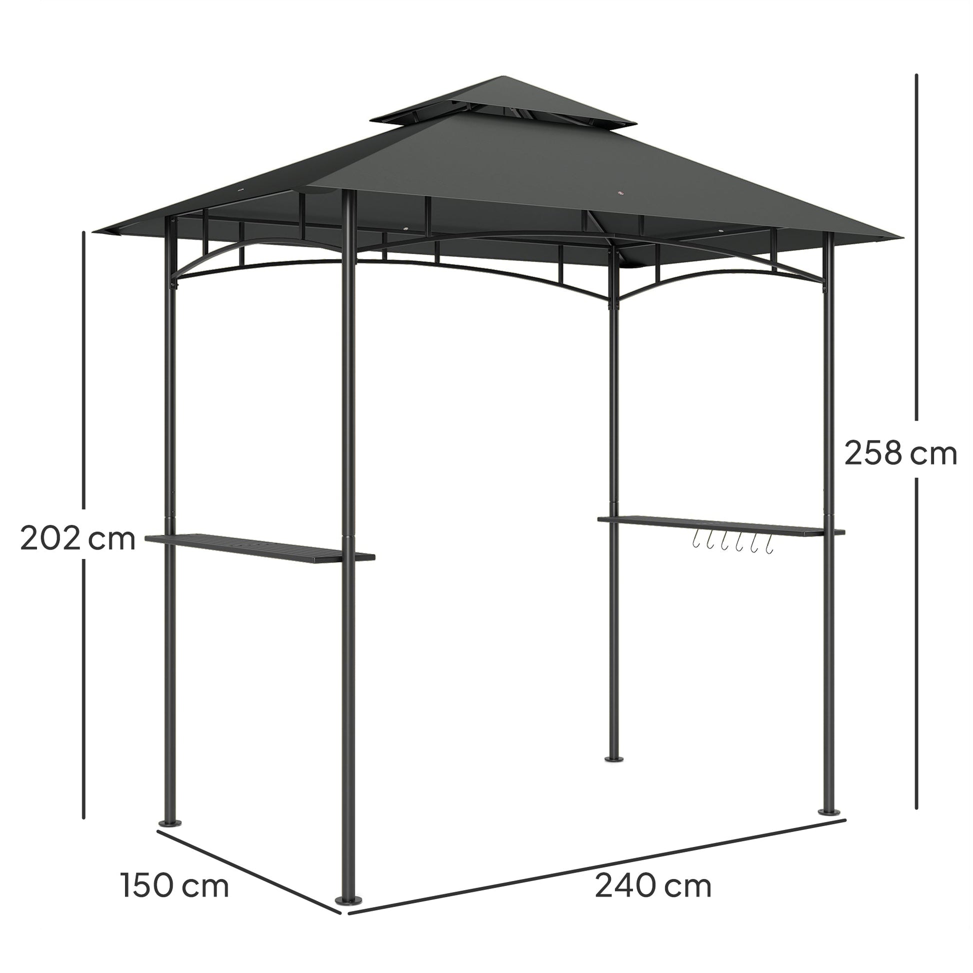 2.4 x 1.5 m (8' x 5') Grill Gazebo Canopy with LED Lights, Double Tiered Outdoor BBQ Gazebo Shelter with 2 Side Shelves, Storage Basket and Hooks for Garden, Barbecue, Picnic, Dark Grey