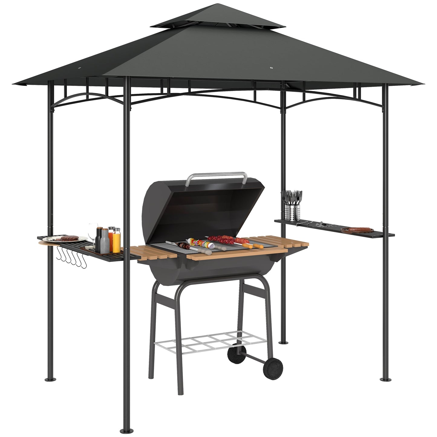 2.4 x 1.5 m (8' x 5') Grill Gazebo Canopy with LED Lights, Double Tiered Outdoor BBQ Gazebo Shelter with 2 Side Shelves, Storage Basket and Hooks for Garden, Barbecue, Picnic, Dark Grey