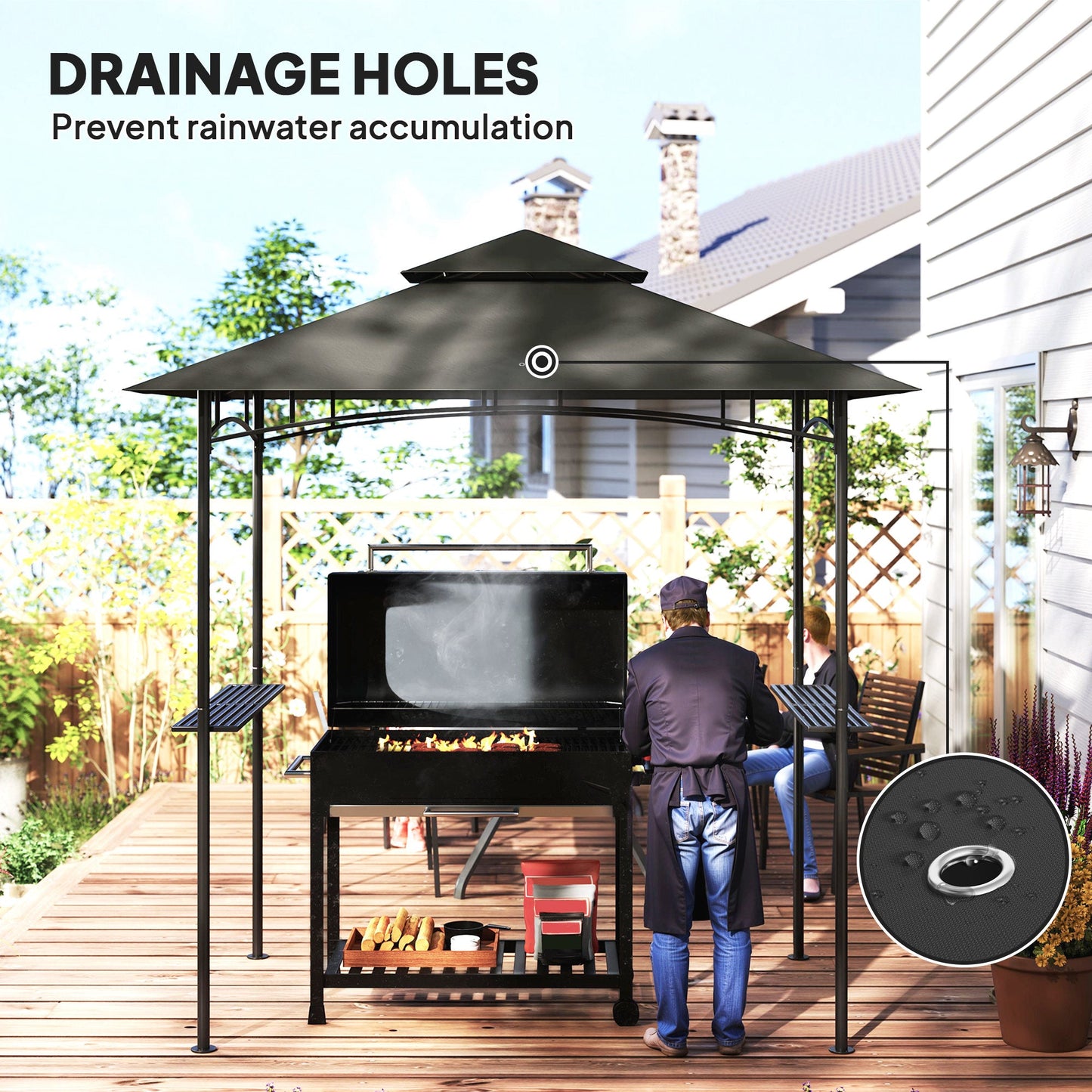 2.4 x 1.5 m (8' x 5') Grill Gazebo Canopy with LED Lights, Double Tiered Outdoor BBQ Gazebo Shelter with 2 Side Shelves, Storage Basket and Hooks for Garden, Barbecue, Picnic, Dark Grey