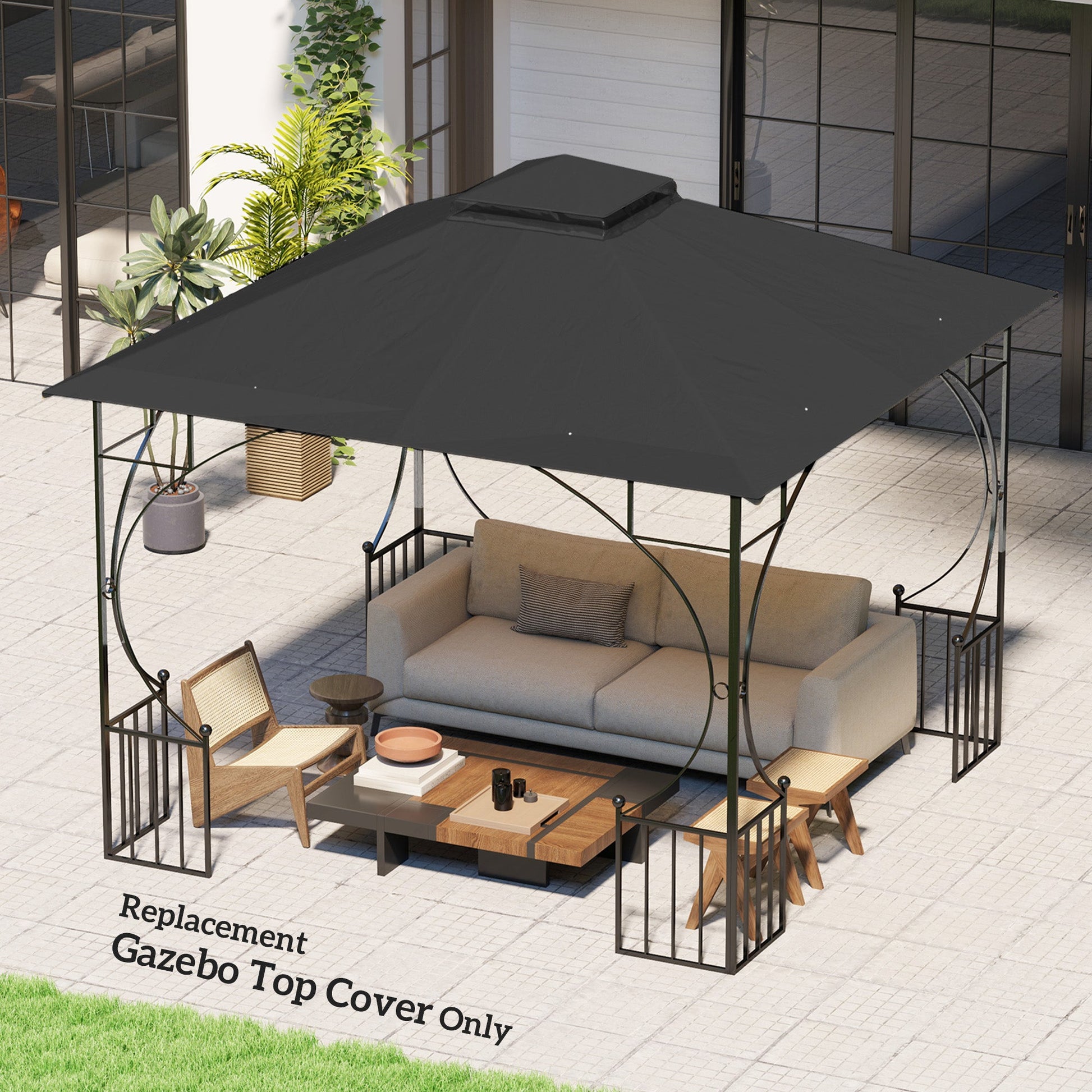3x3(m) Replacement Gazebo Canopy, Double Tier Roof Top for Garden, Patio, Outdoor, Black (TOP ONLY)