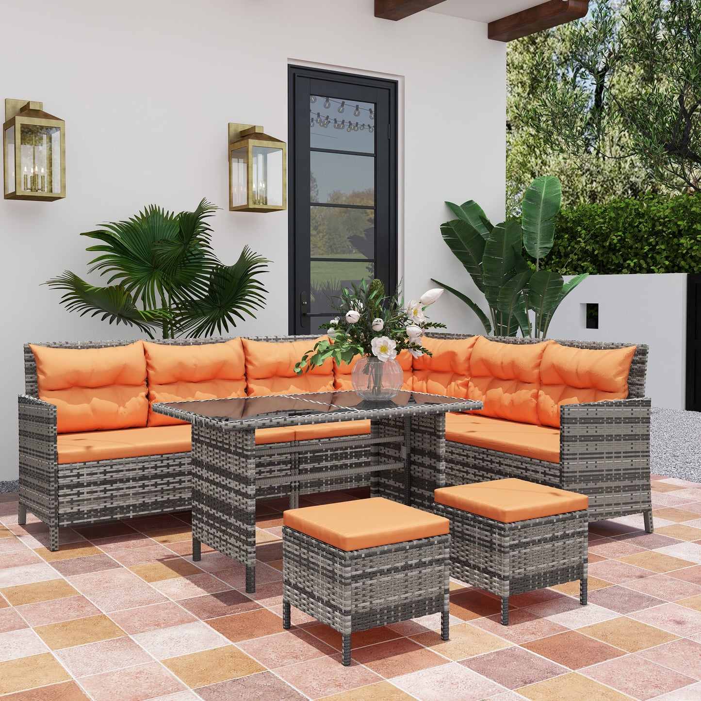6 Pieces Rattan Garden Furniture Set, 8-Seater Garden Corner Sofa Set with 3 Loveseats, Glass Top Table, Footstools, Outdoor Conservatory Furniture with Cushions for Patio, Orange
