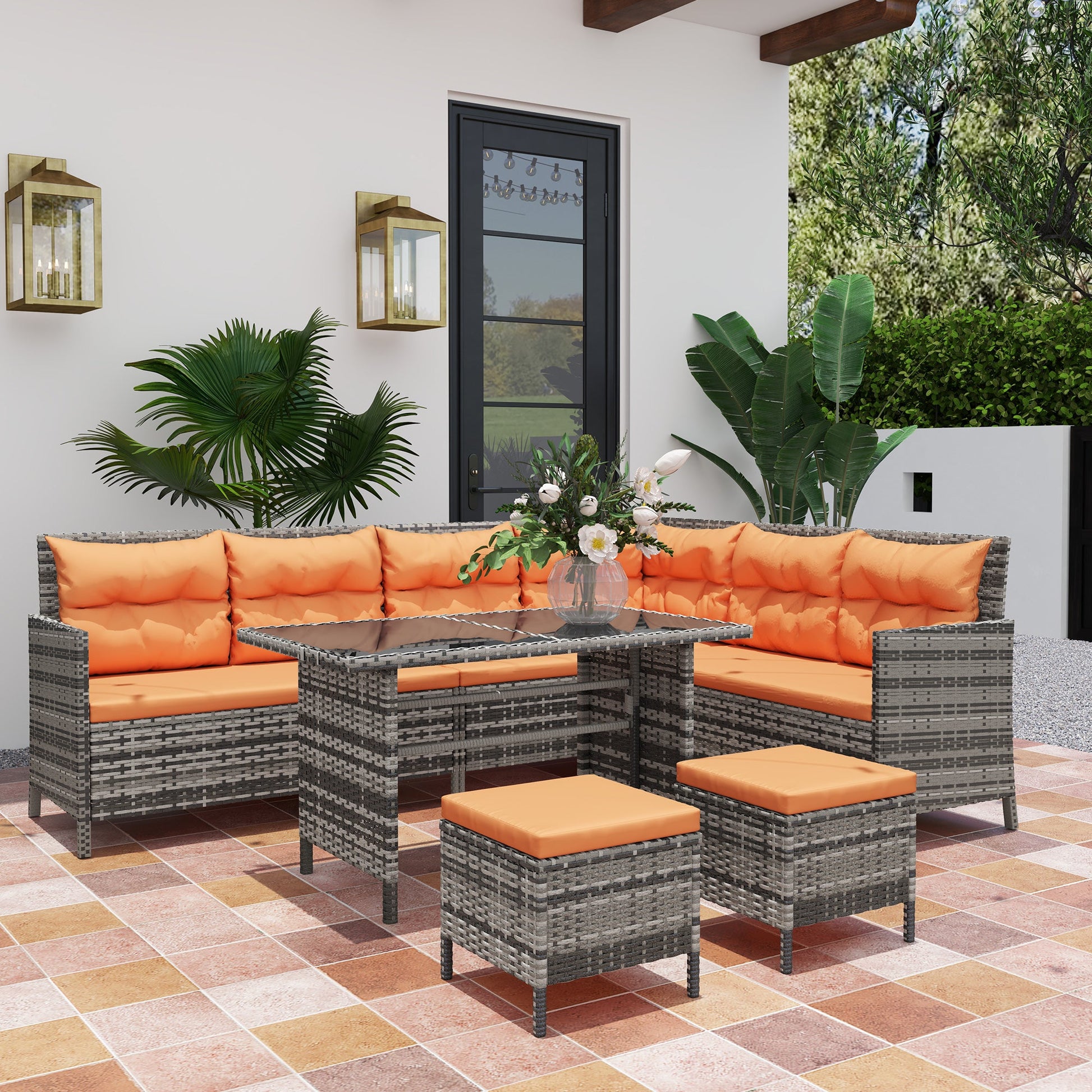 6 Pieces Rattan Garden Furniture Set, 8-Seater Garden Corner Sofa Set with 3 Loveseats, Glass Top Table, Footstools, Outdoor Conservatory Furniture with Cushions for Patio, Orange