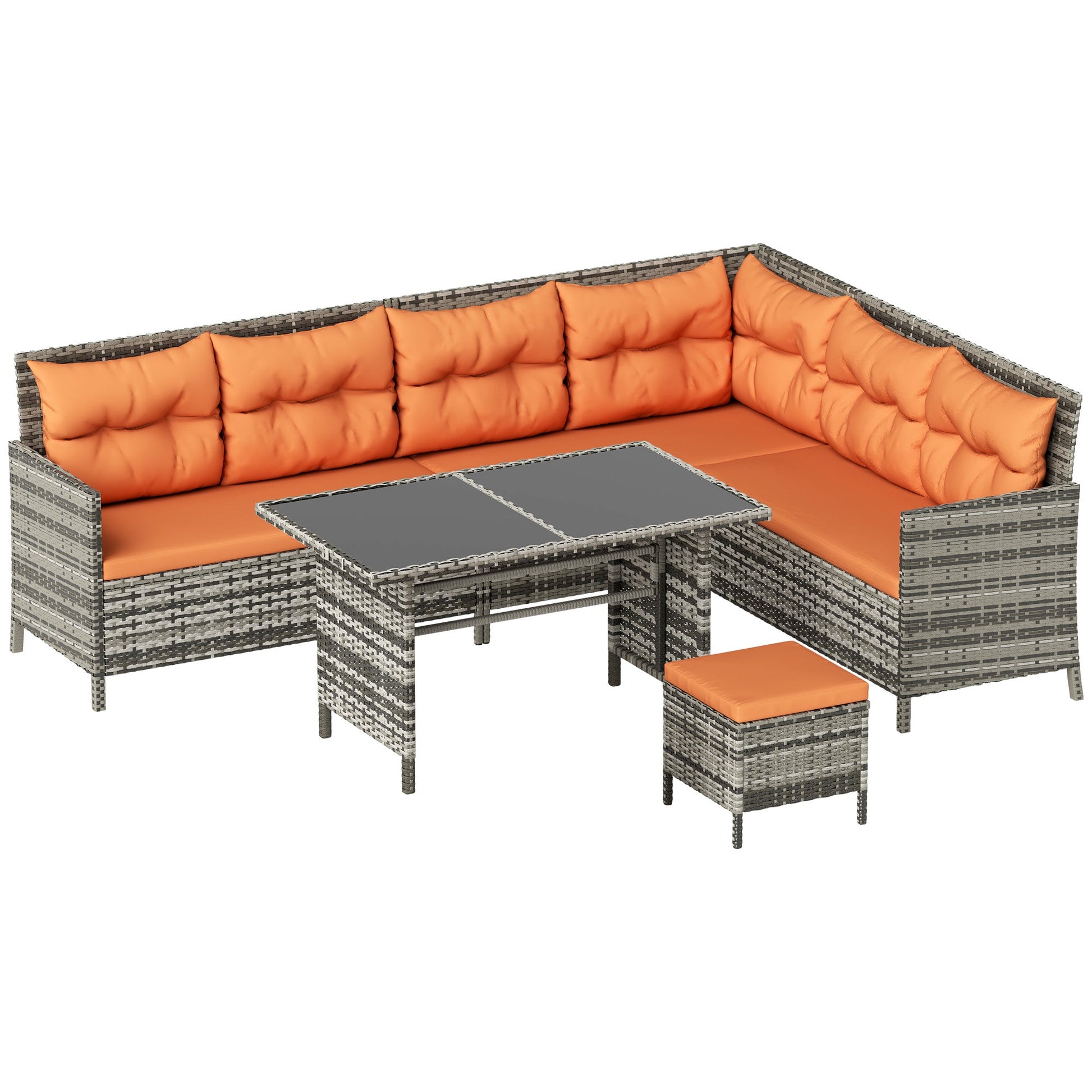 6 Pieces Rattan Garden Furniture Set, 8-Seater Garden Corner Sofa Set with 3 Loveseats, Glass Top Table, Footstools, Outdoor Conservatory Furniture with Cushions for Patio, Orange