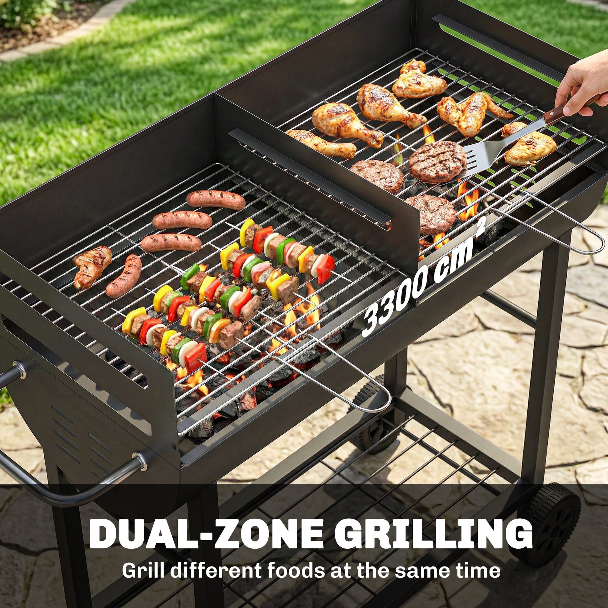 Charcoal Barbecue Grill with 2 Cooking Areas, Portable BBQ Trolley with Wheels, Height Adjustable Grates, Side Handle, Bottom Shelf, Metal Outdoor Cooker for Garden Camping, Picnic, Party