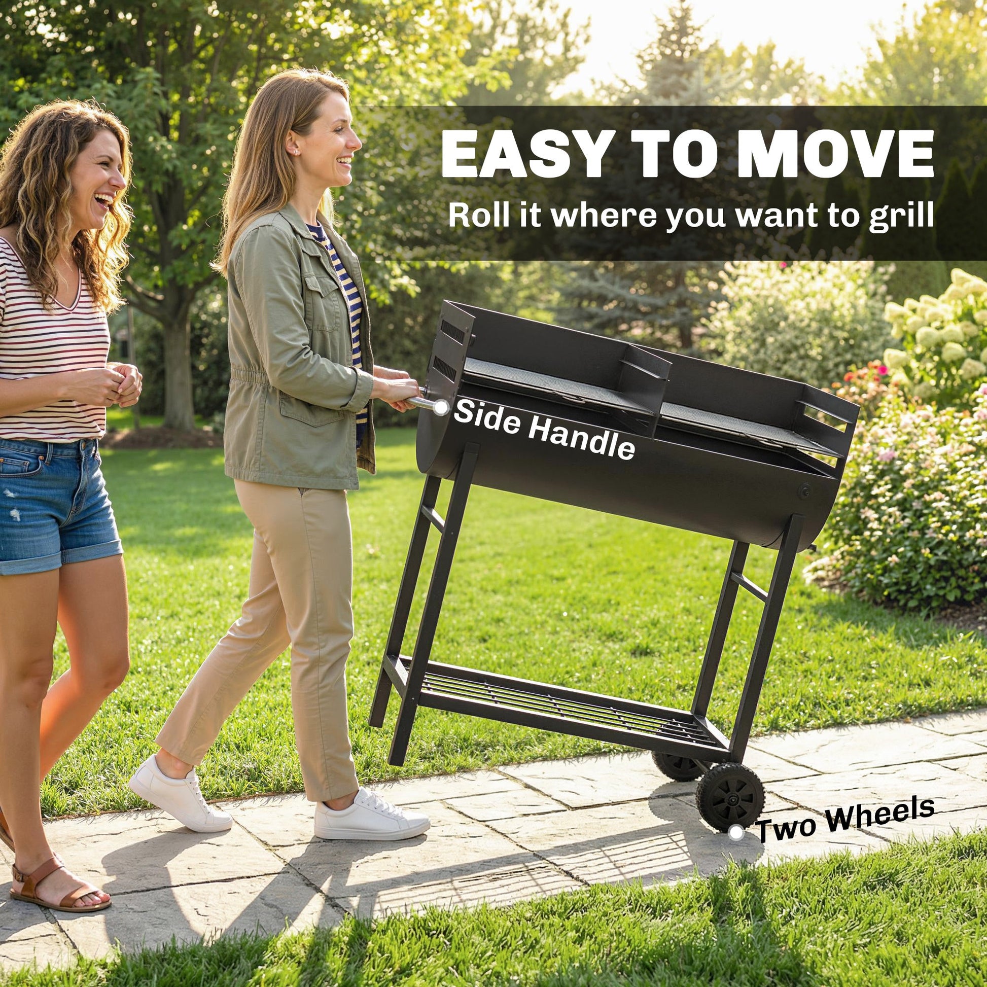Charcoal Barbecue Grill with 2 Cooking Areas, Portable BBQ Trolley with Wheels, Height Adjustable Grates, Side Handle, Bottom Shelf, Metal Outdoor Cooker for Garden Camping, Picnic, Party