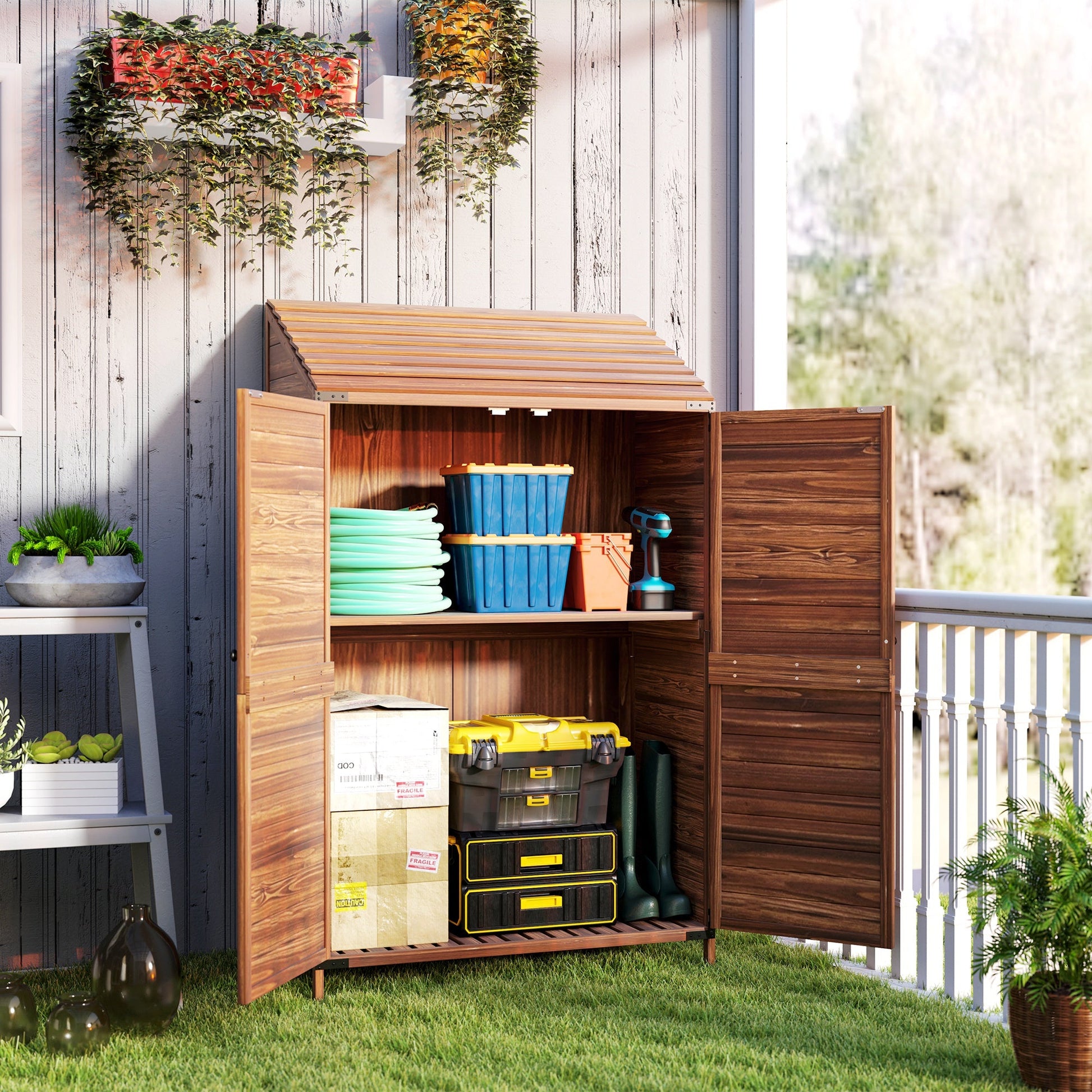 Lean to Wooden Garden Shed, Garden Tool Storage Shed with Double Doors and Shelves, Outdoor Storage Cabinet for Patio Garden, Mixed-Brown