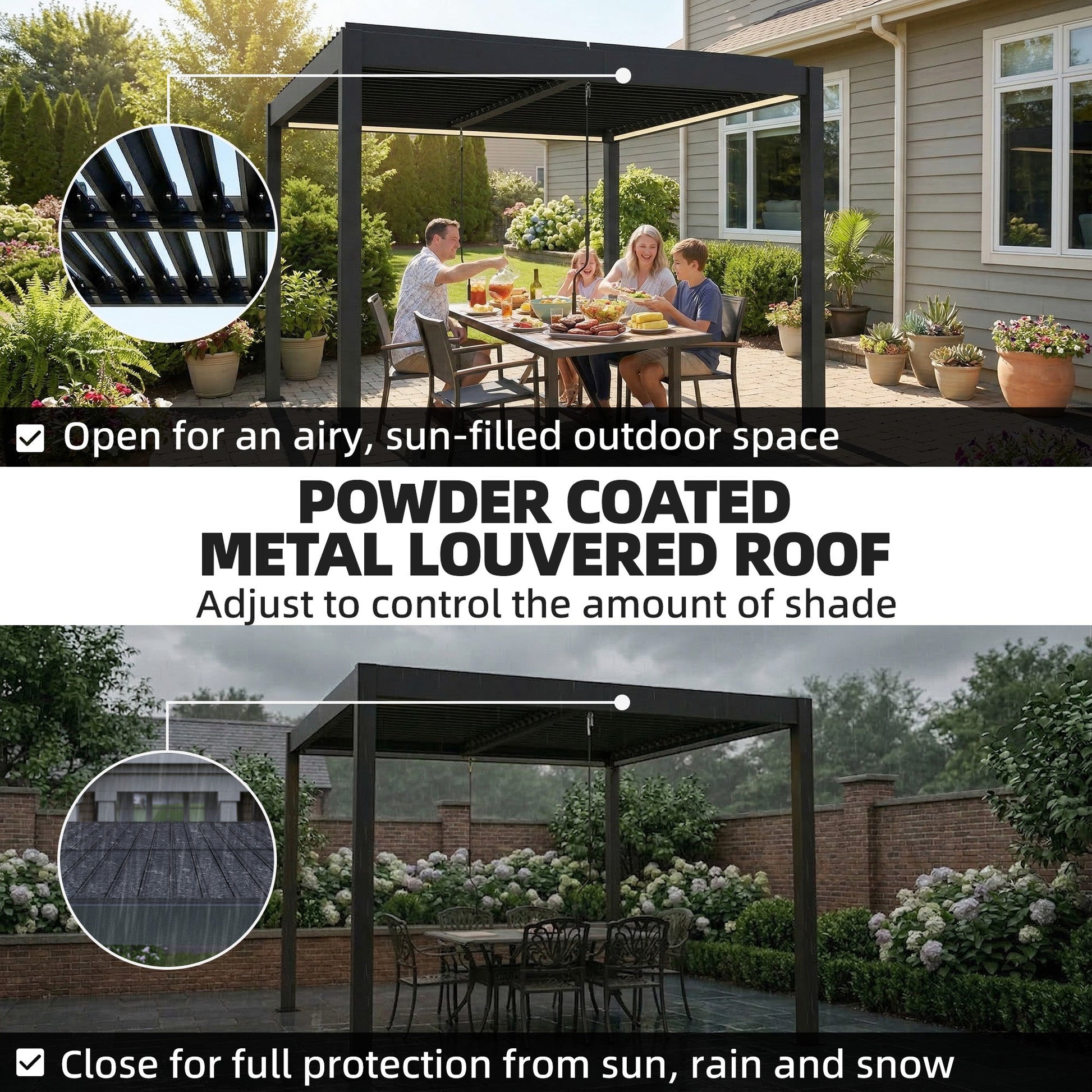 3 x 3 m Louvered Pergola with LED Lights, Adjustable Metal Louvred Roof, Aluminium Patio Gazebo Pergola Canopy with Drainage Gutters, Handles, Remote for Garden Outdoor, Dark Grey