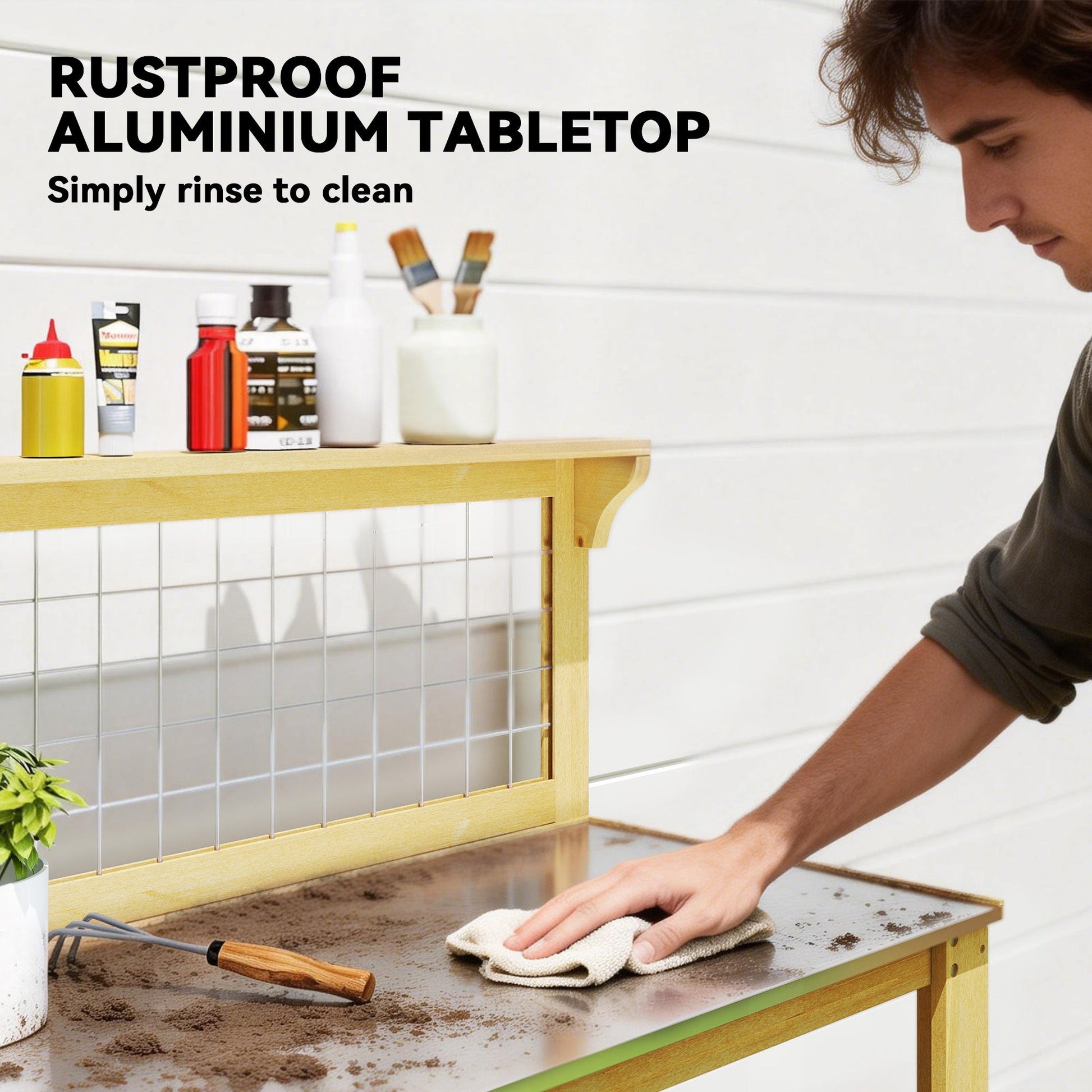 Wooden Potting Bench Table with Aluminium Worktop, Outdoor Garden Workbench with 2 Shelves and Grid Design for DIY, Planting Work Station for Patio, Yard, Balcony, 100 x 48 x 119 cm, Yellow