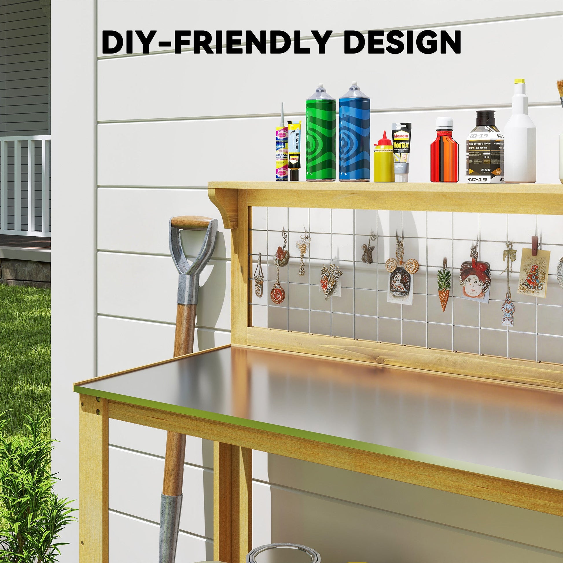 Wooden Potting Bench Table with Aluminium Worktop, Outdoor Garden Workbench with 2 Shelves and Grid Design for DIY, Planting Work Station for Patio, Yard, Balcony, 100 x 48 x 119 cm, Yellow