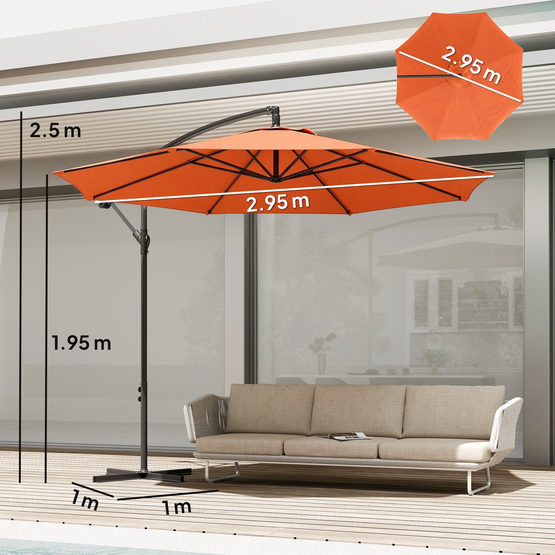 3(m) Garden Banana Parasol Hanging Cantilever Umbrella with Crank Handle, 8 Ribs and Cross Base for Outdoor, Sun Shade, Orange