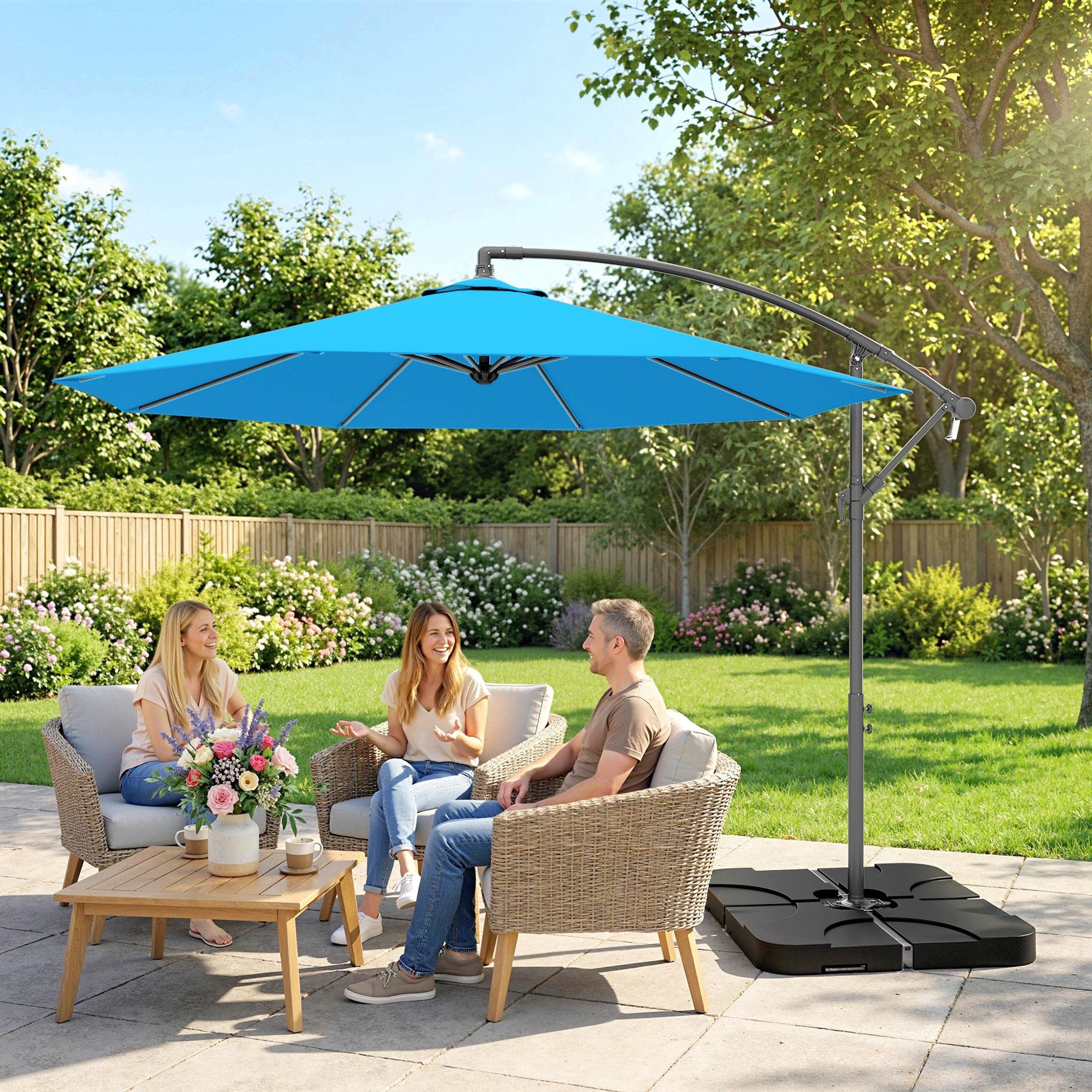 3 m Cantilever Parasol with Umbrella Weights, Cross Base, Offset Outdoor Umbrella with Protective Cover, Crank Handle, Hanging Sun Shade, Blue