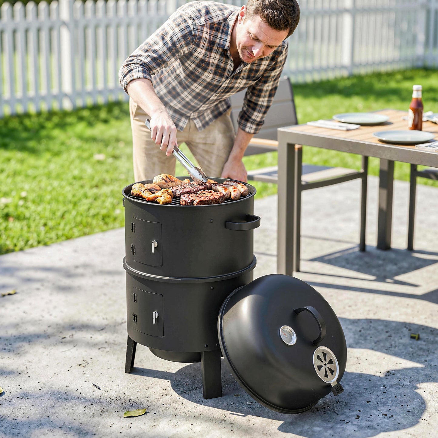 3-in-1 Vertical Barbecue Charcoal Smoker with 2 Grill Grates, Built-in Thermometer, Adjustable Vent, 2 Doors, Outdoor BBQ Smoker Grill for Camping, Parties, Picnic