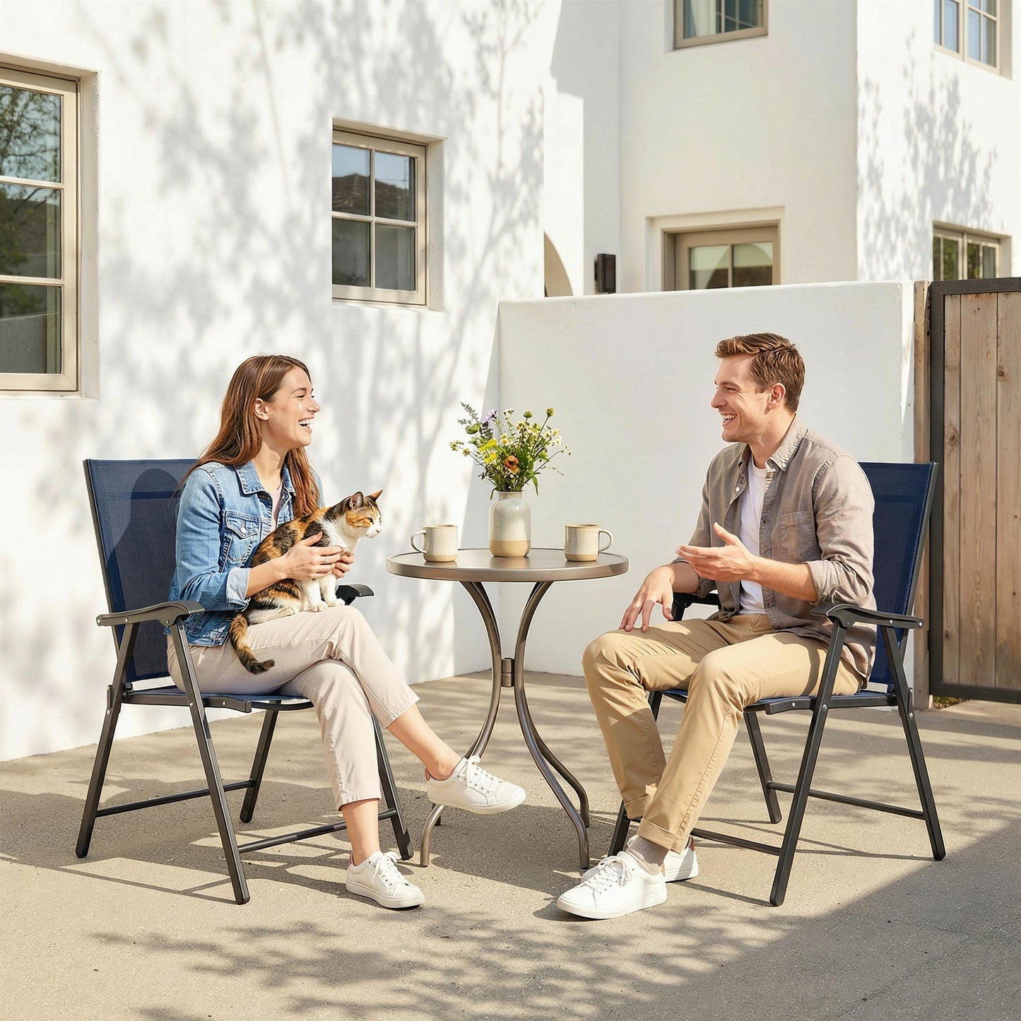 Folding Garden Chairs Set of 2, Foldable Garden Dining Chairs with High Back and Armrests, Breathable Texteline Folding Outdoor Chair Set with Metal Frame for Patio, Balcony, Navy Blue